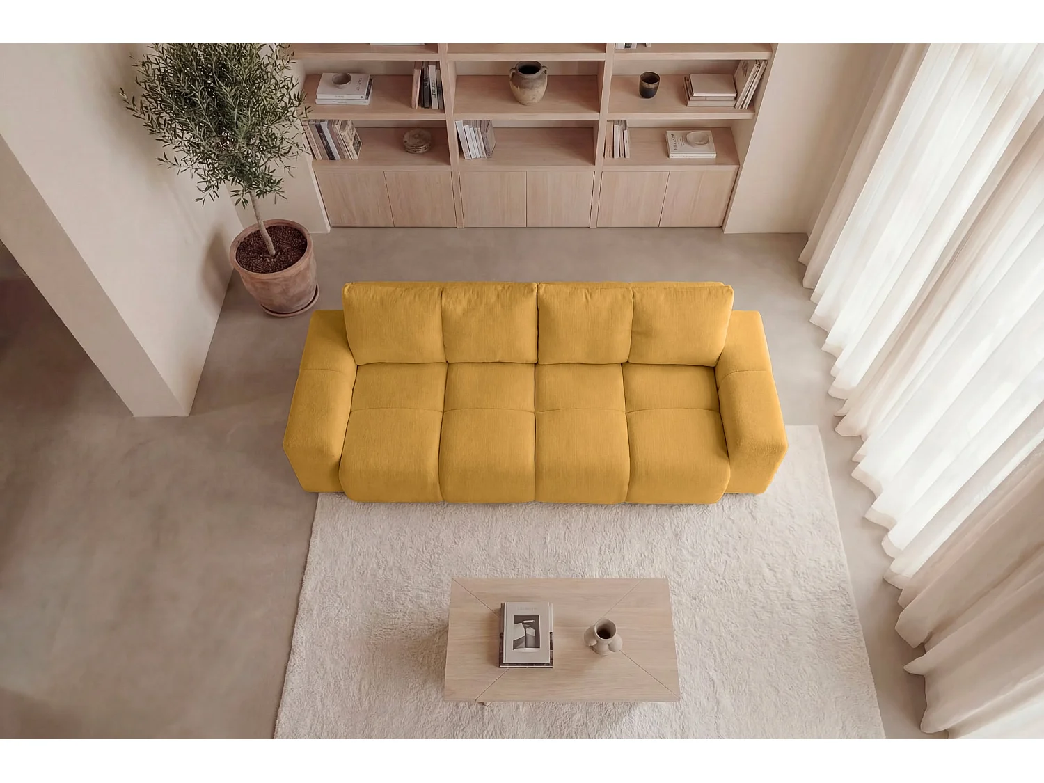 CONSTANCE - Canapé droit convertible tissu chenille 3 places Moutarde