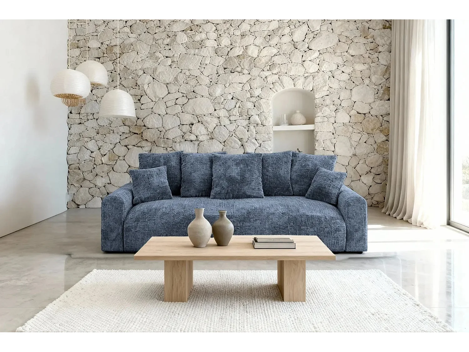 OLI - Canapé droit convertible tissu chenille 3 places Bleu