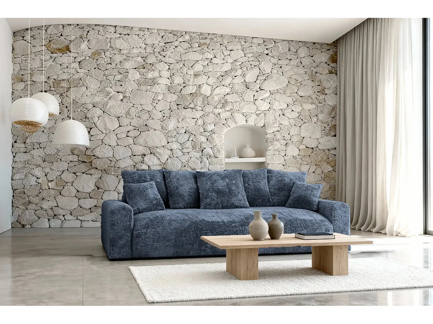 OLI - Canapé droit convertible tissu chenille 3 places Bleu