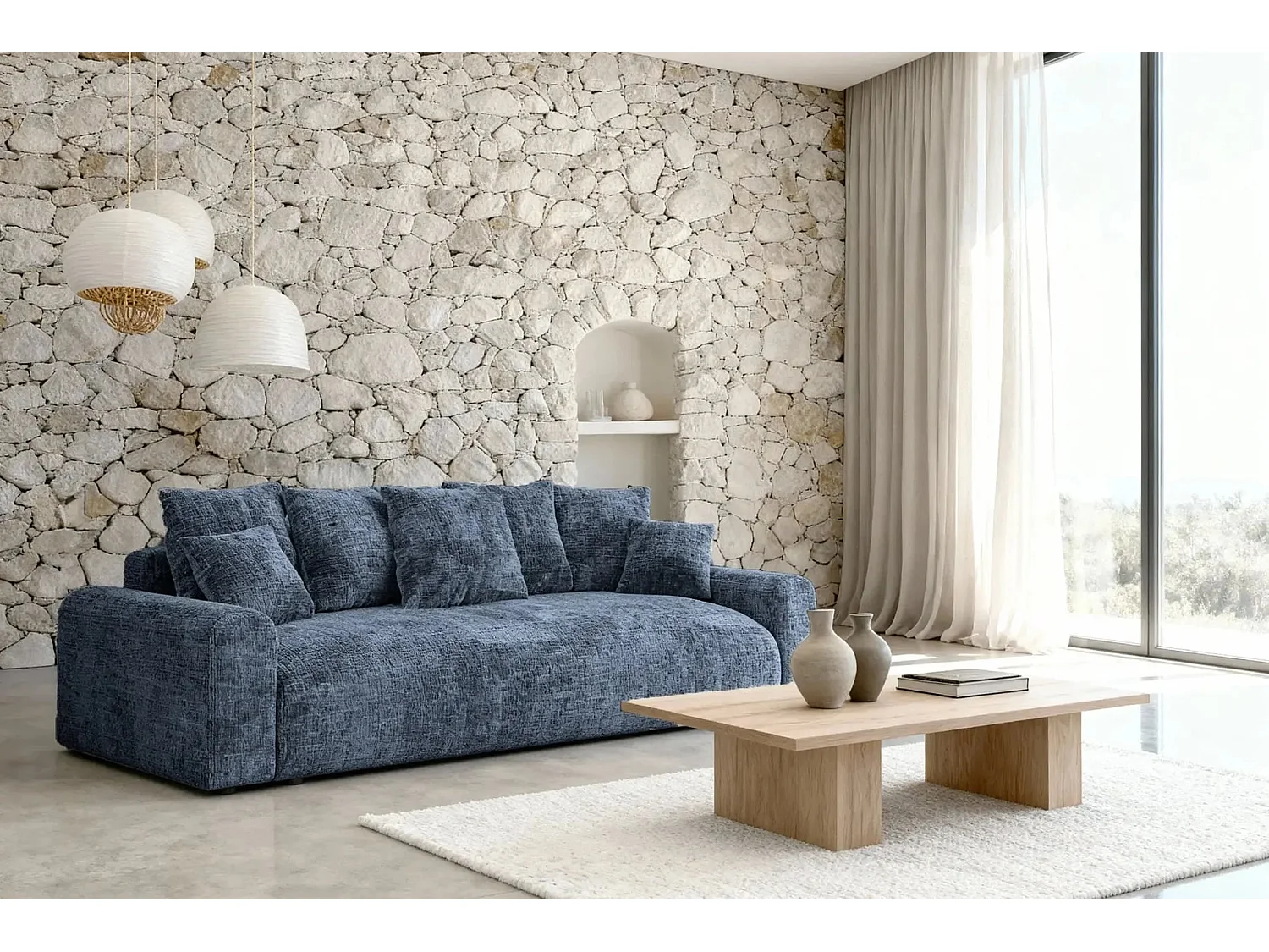 OLI - Canapé droit convertible tissu chenille 3 places Bleu