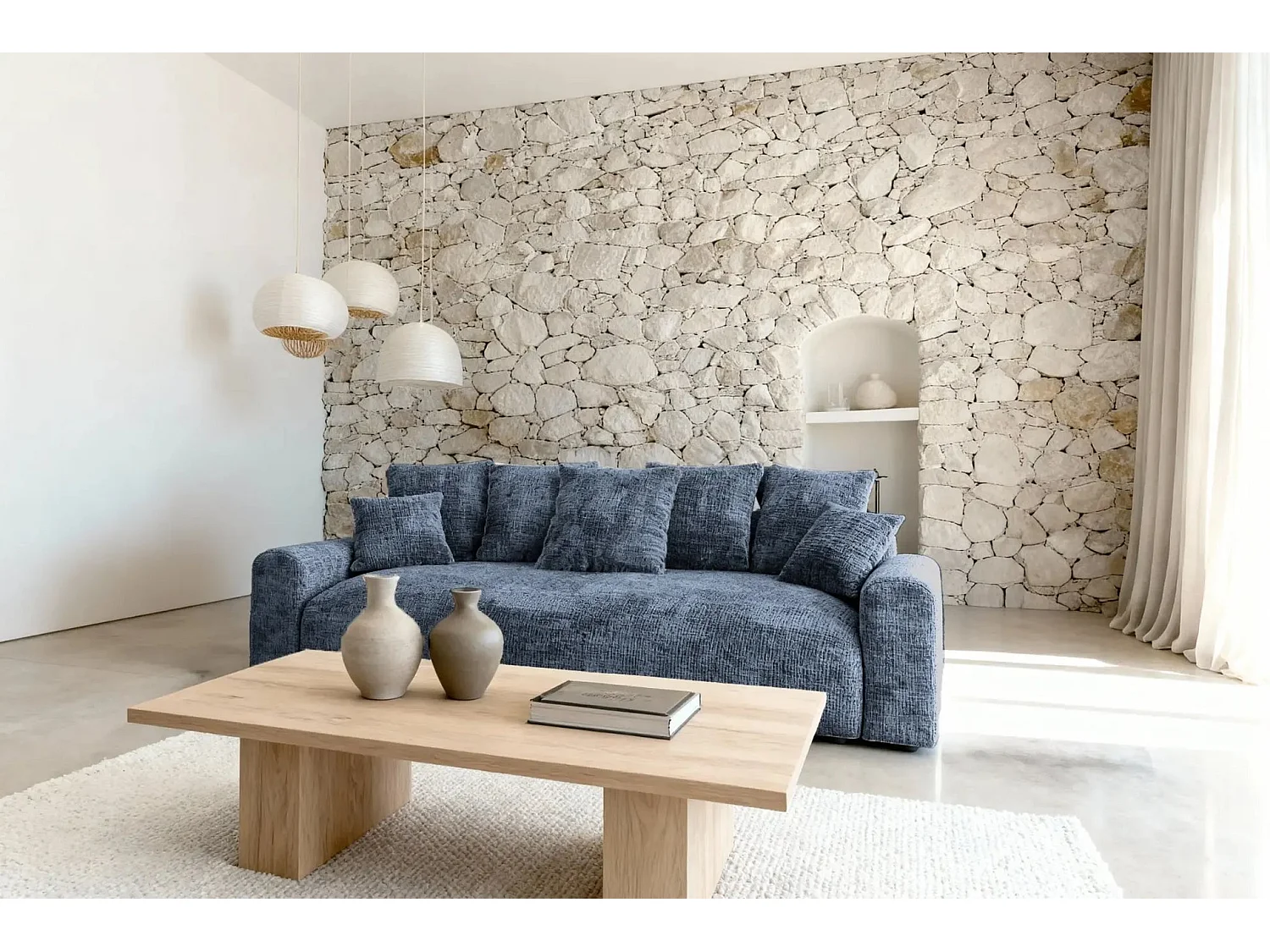 OLI - Canapé droit convertible tissu chenille 3 places Bleu