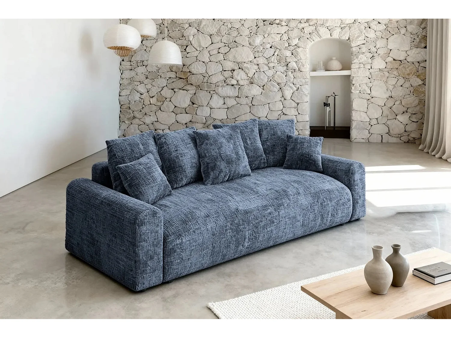 OLI - Canapé droit convertible tissu chenille 3 places Bleu