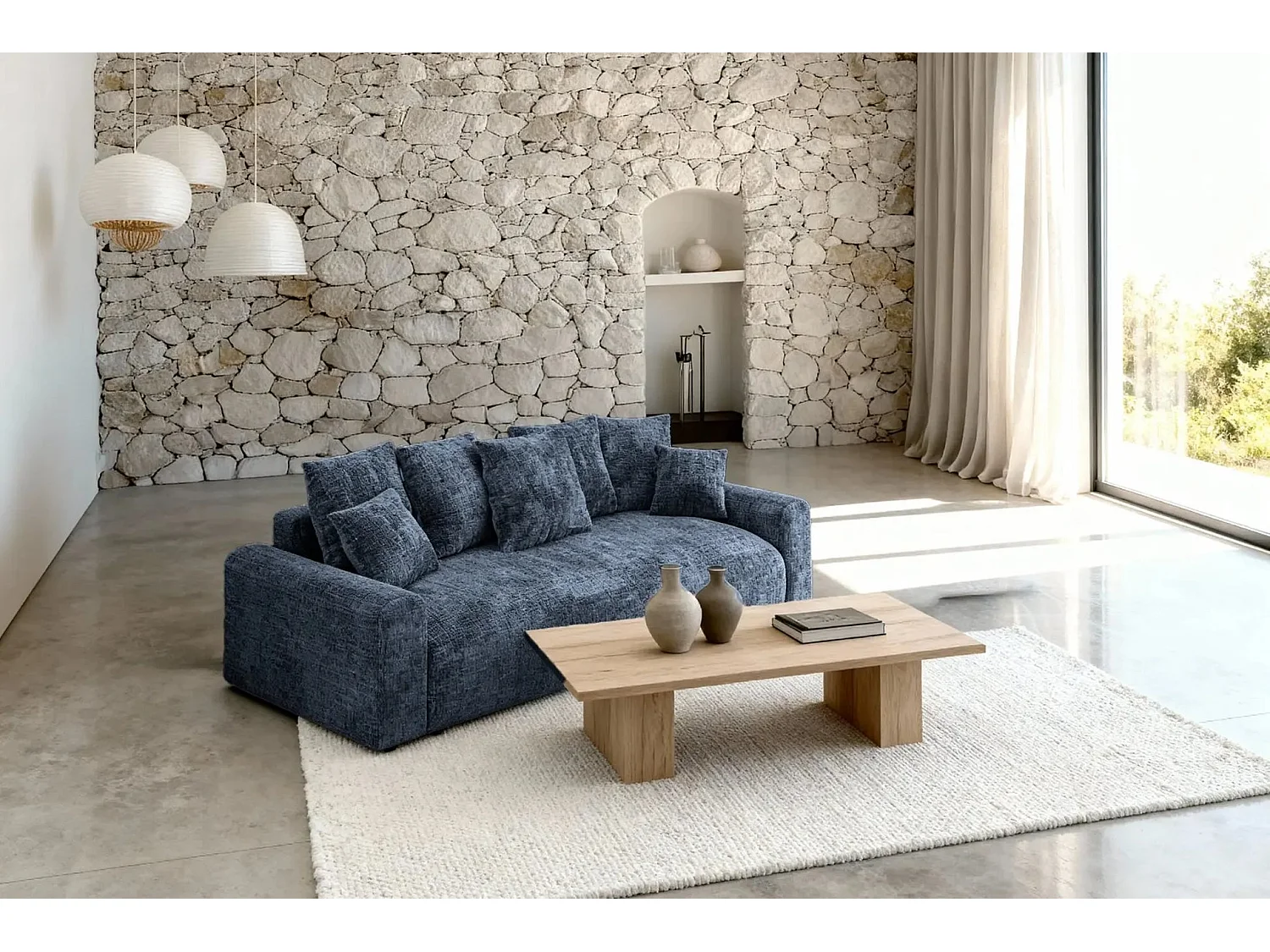 OLI - Canapé droit convertible tissu chenille 3 places Bleu