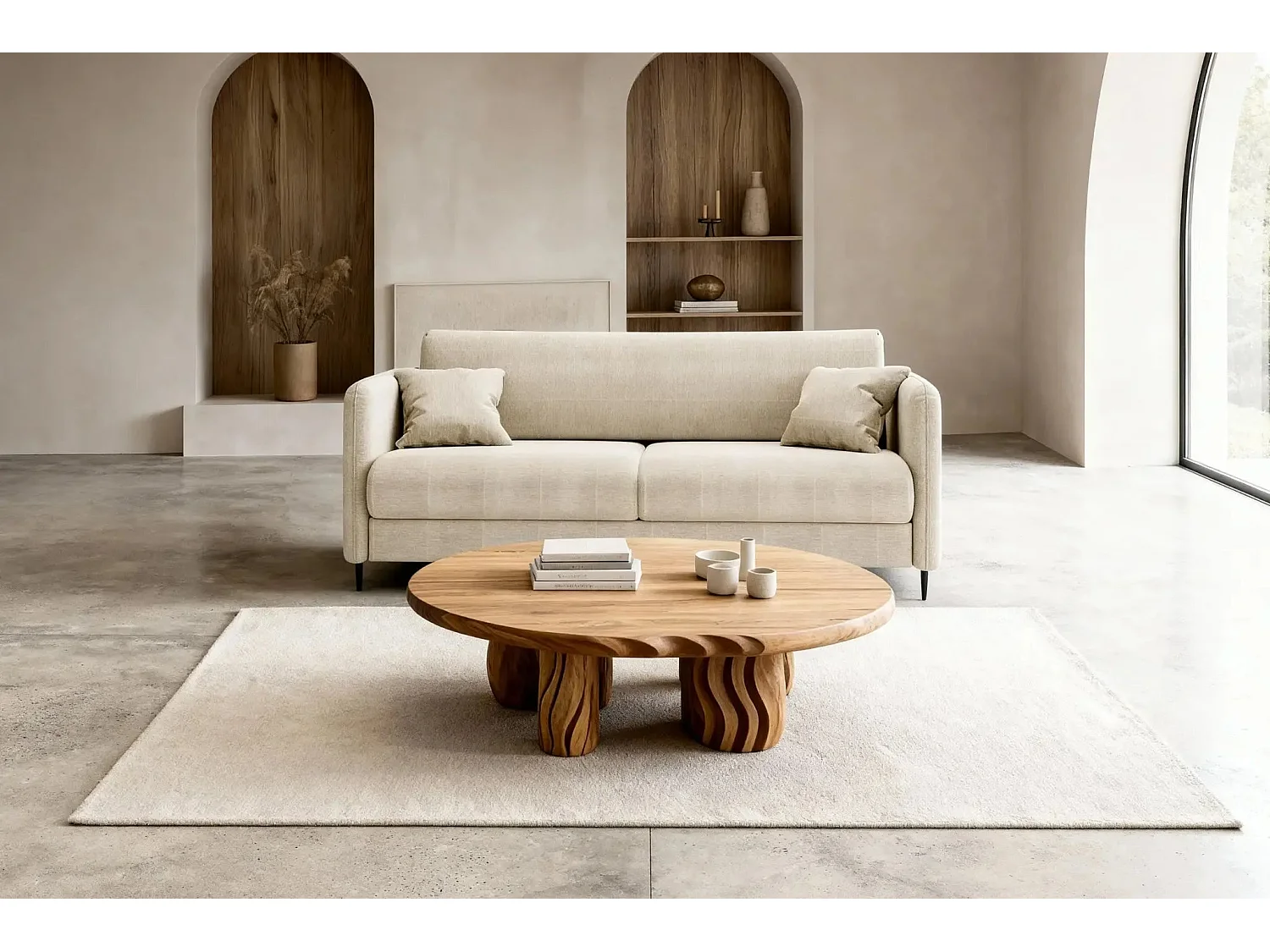 VICKY - Canapé droit convertible tissu lisse 2 places Beige