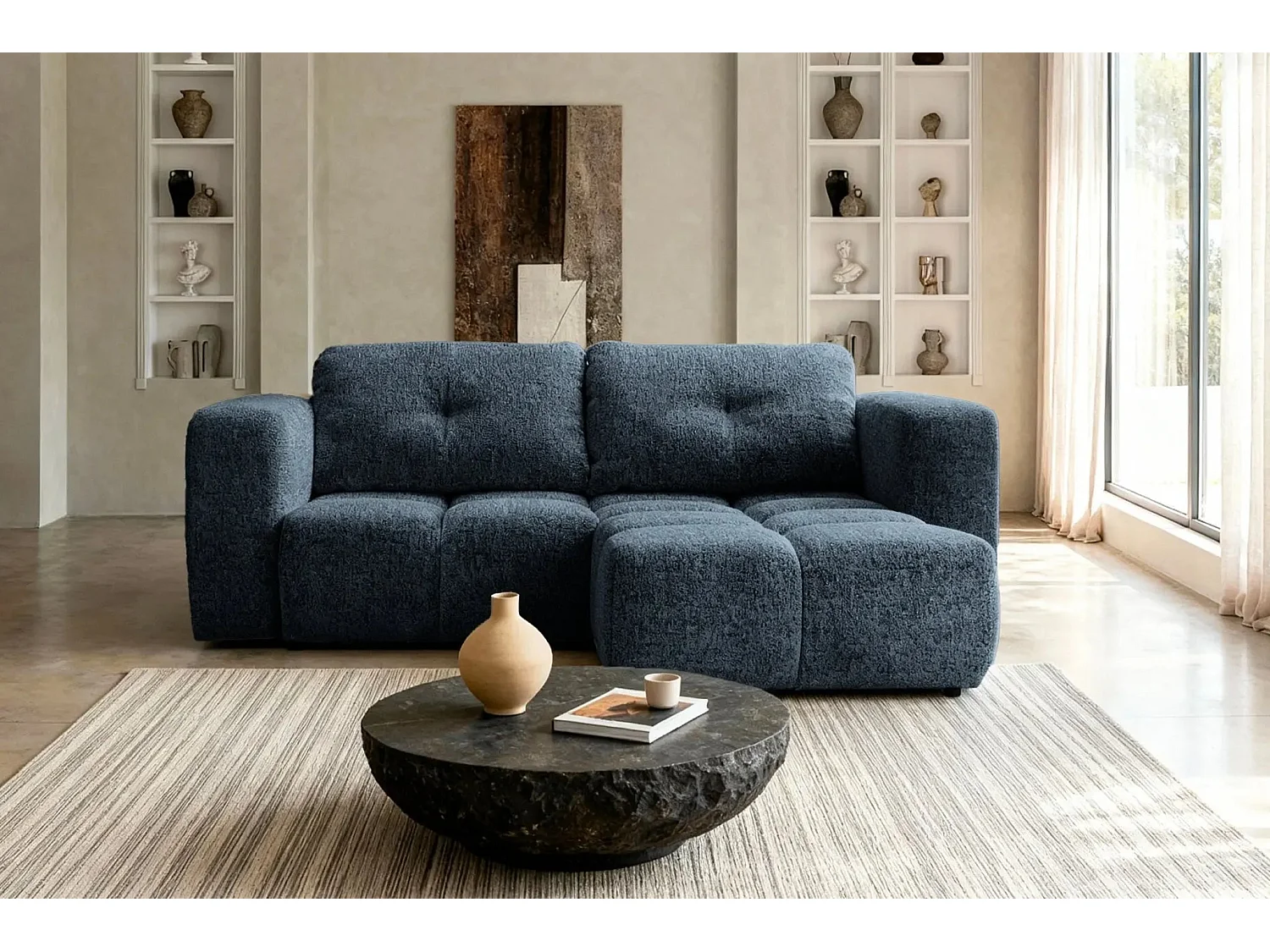 ROMY MINI - 2 zits hoekbank van chenille stof - Blauw