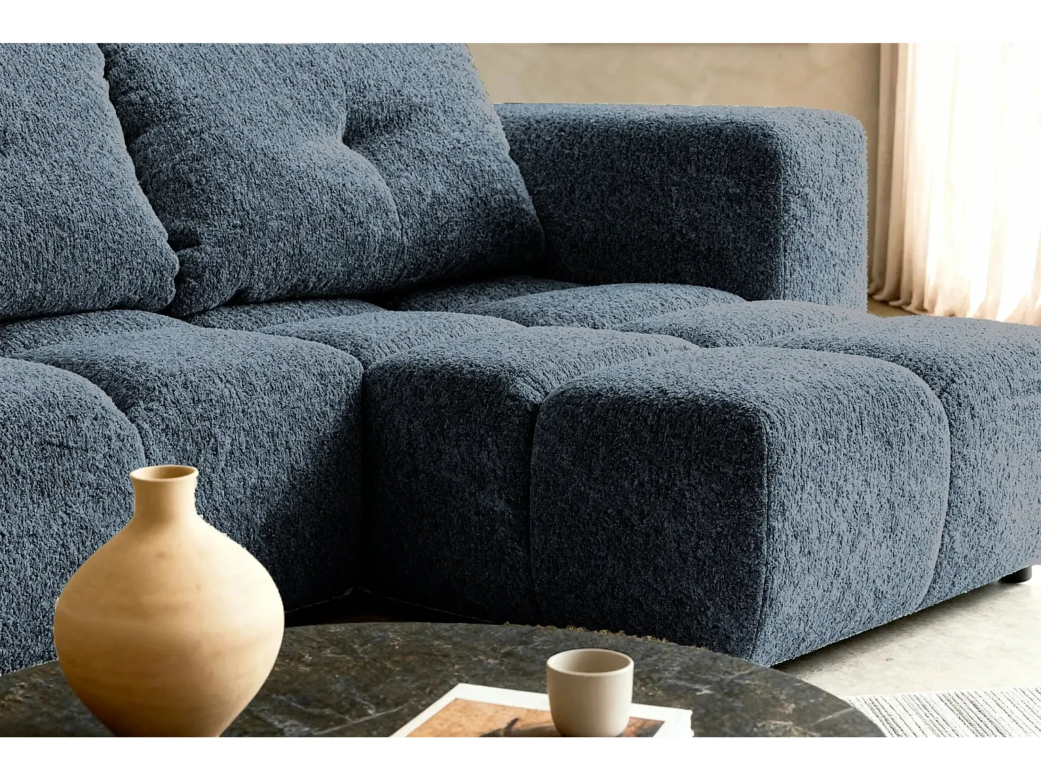 ROMY MINI - 2 zits hoekbank van chenille stof - Blauw