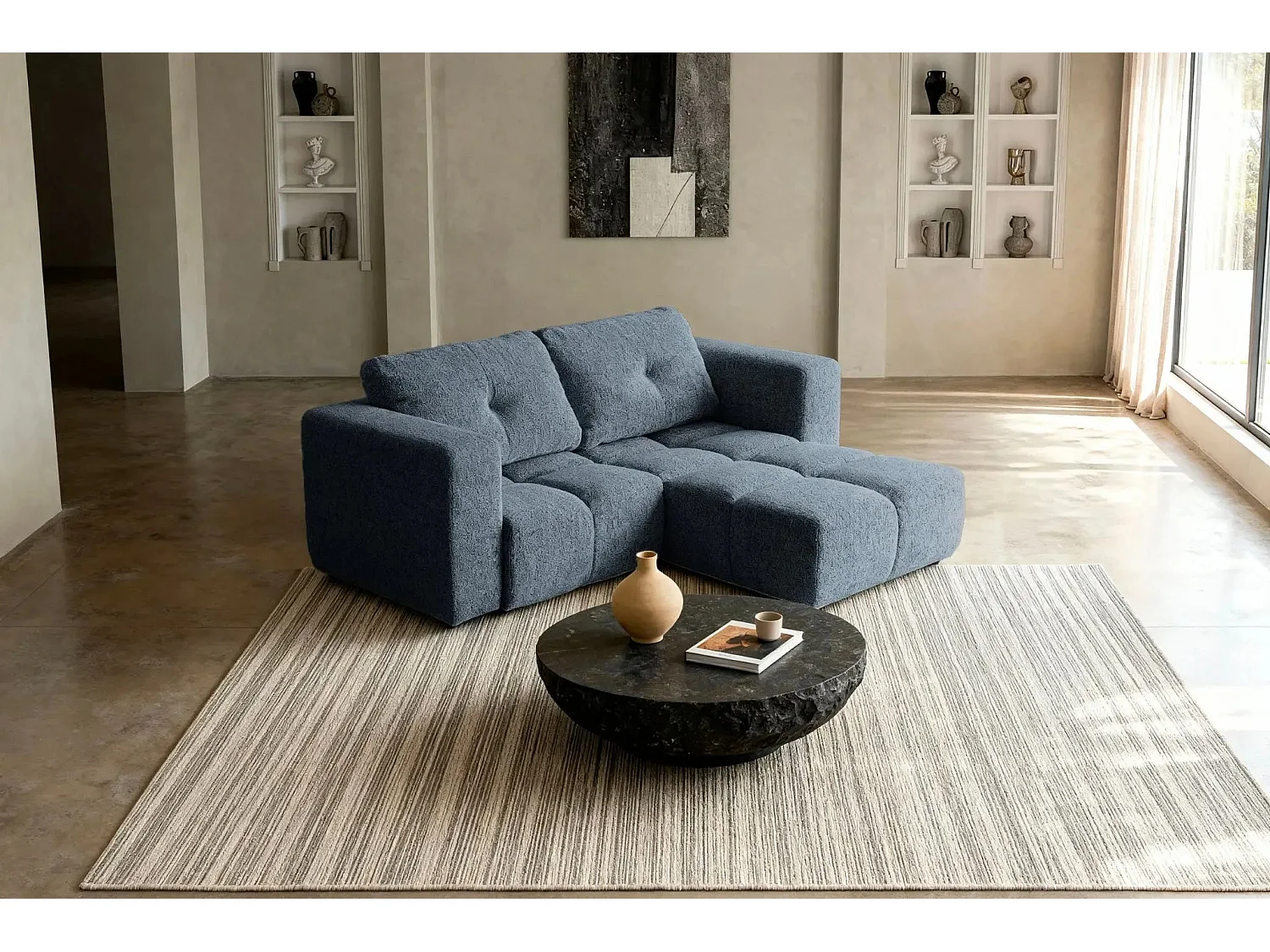 ROMY MINI - 2 zits hoekbank van chenille stof - Blauw