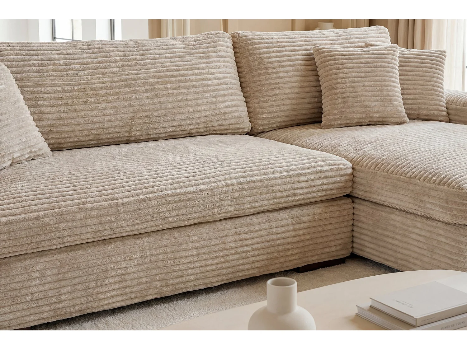 ODILON - Canapé d'angle convertible gros velours côtelé Beige Gauche