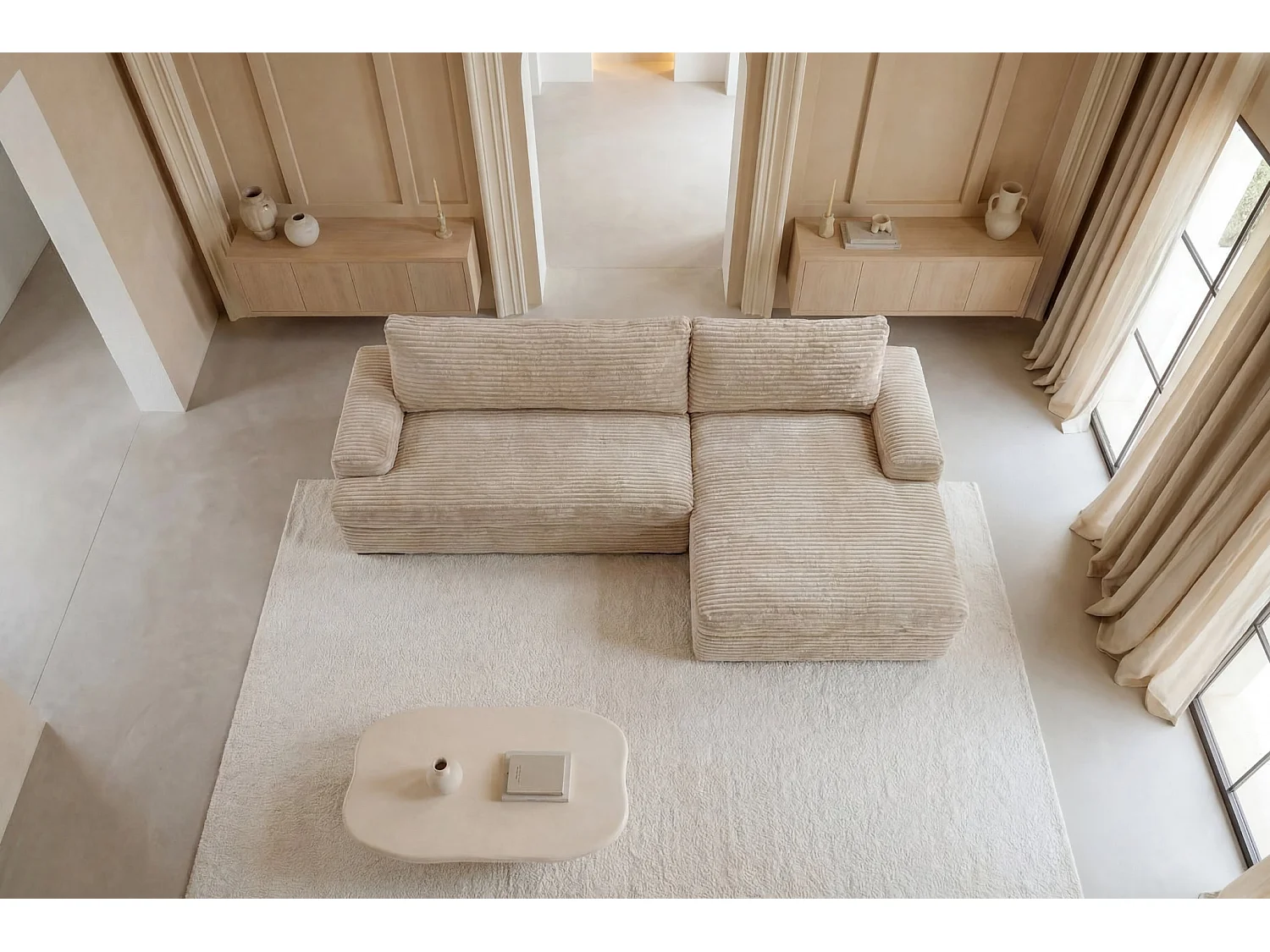 ODILON - Canapé d'angle convertible gros velours côtelé Beige Gauche