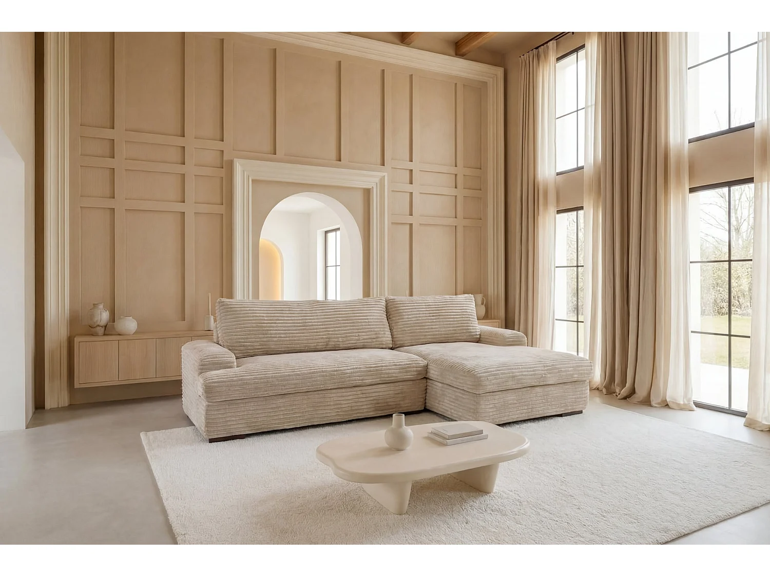ODILON - Canapé d'angle convertible gros velours côtelé Beige Gauche