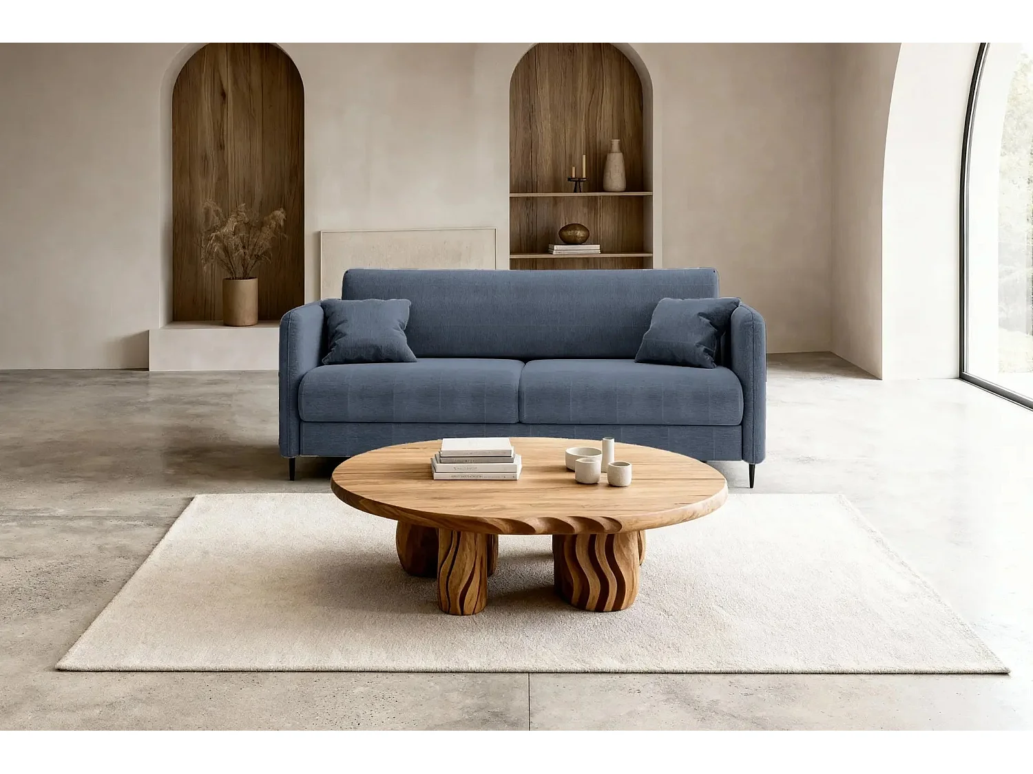 VICKY - Canapé droit convertible tissu lisse 2 places Bleu