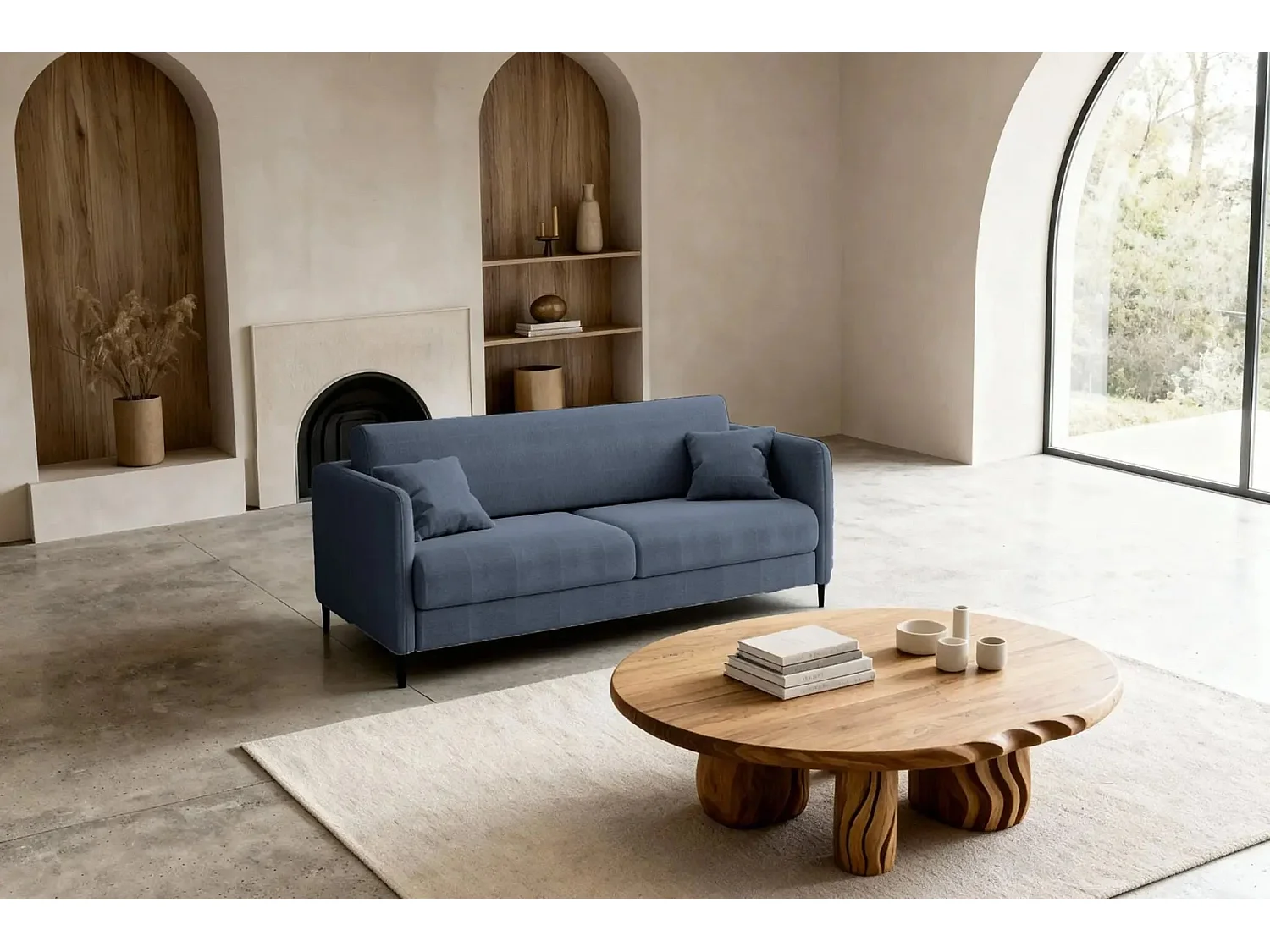 VICKY - Canapé droit convertible tissu lisse 2 places Bleu