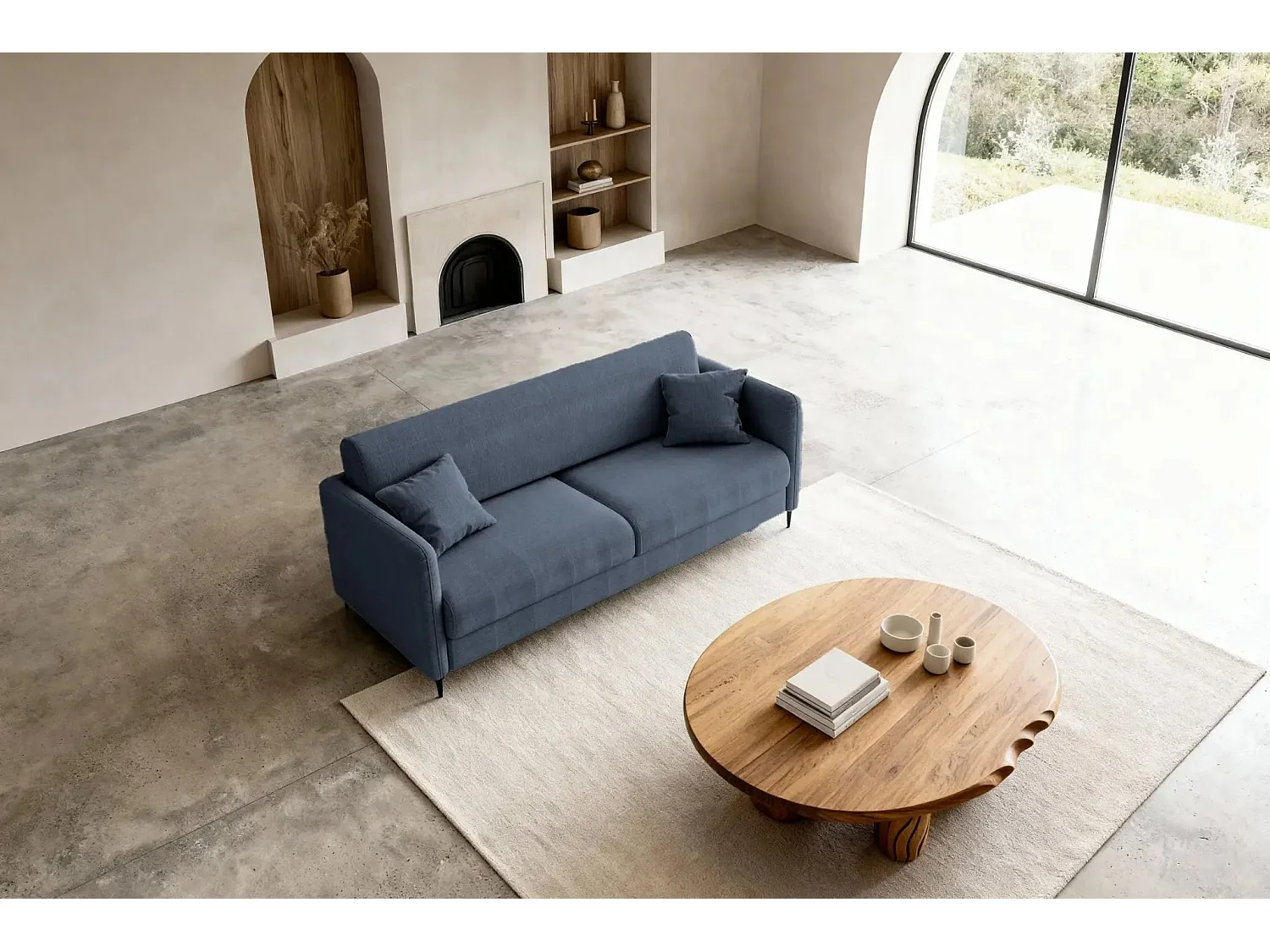 VICKY - Canapé droit convertible tissu lisse 2 places Bleu