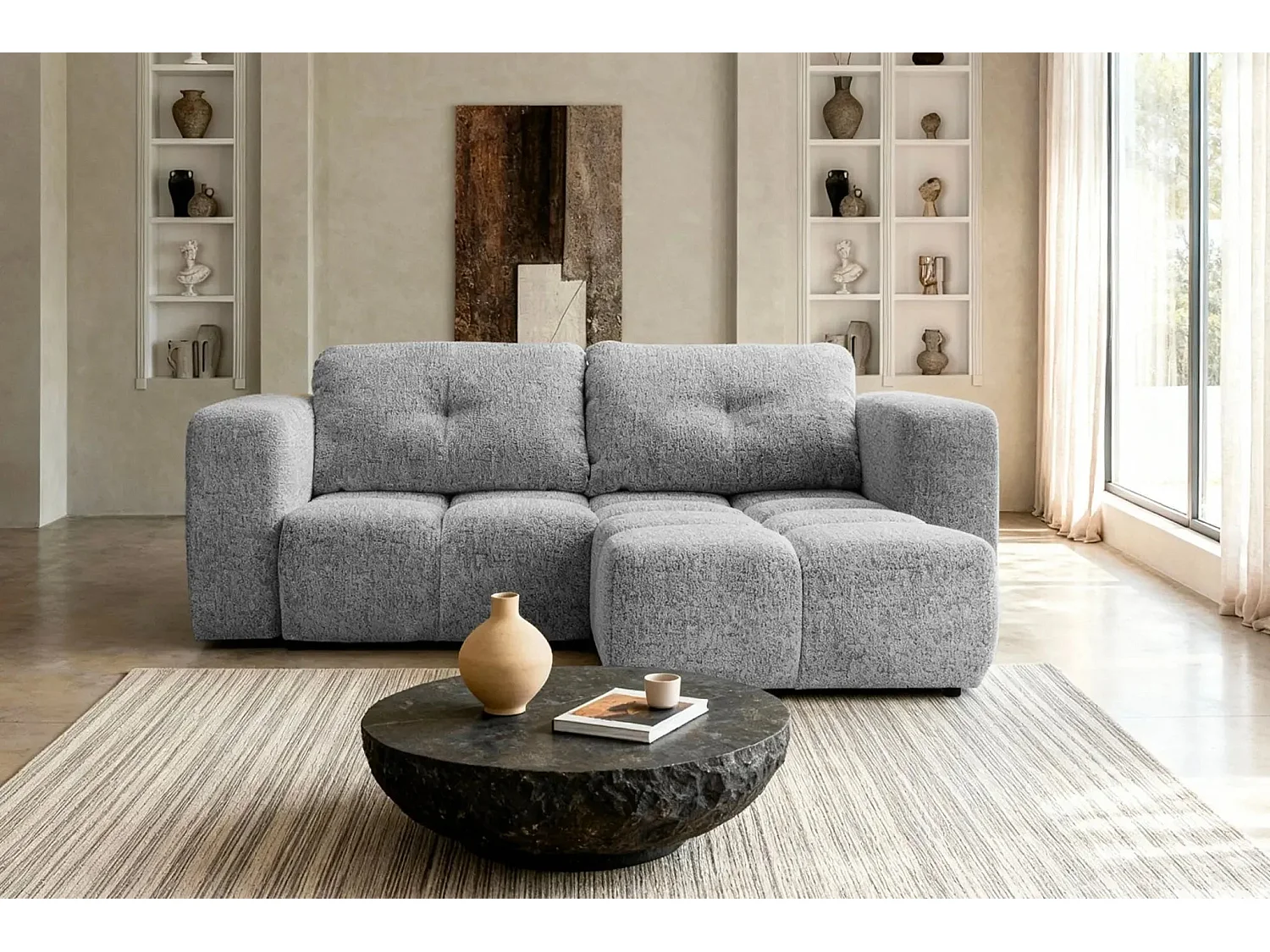 ROMY MINI - Canapé d'angle convertible tissu chenille 2 places Gris clair