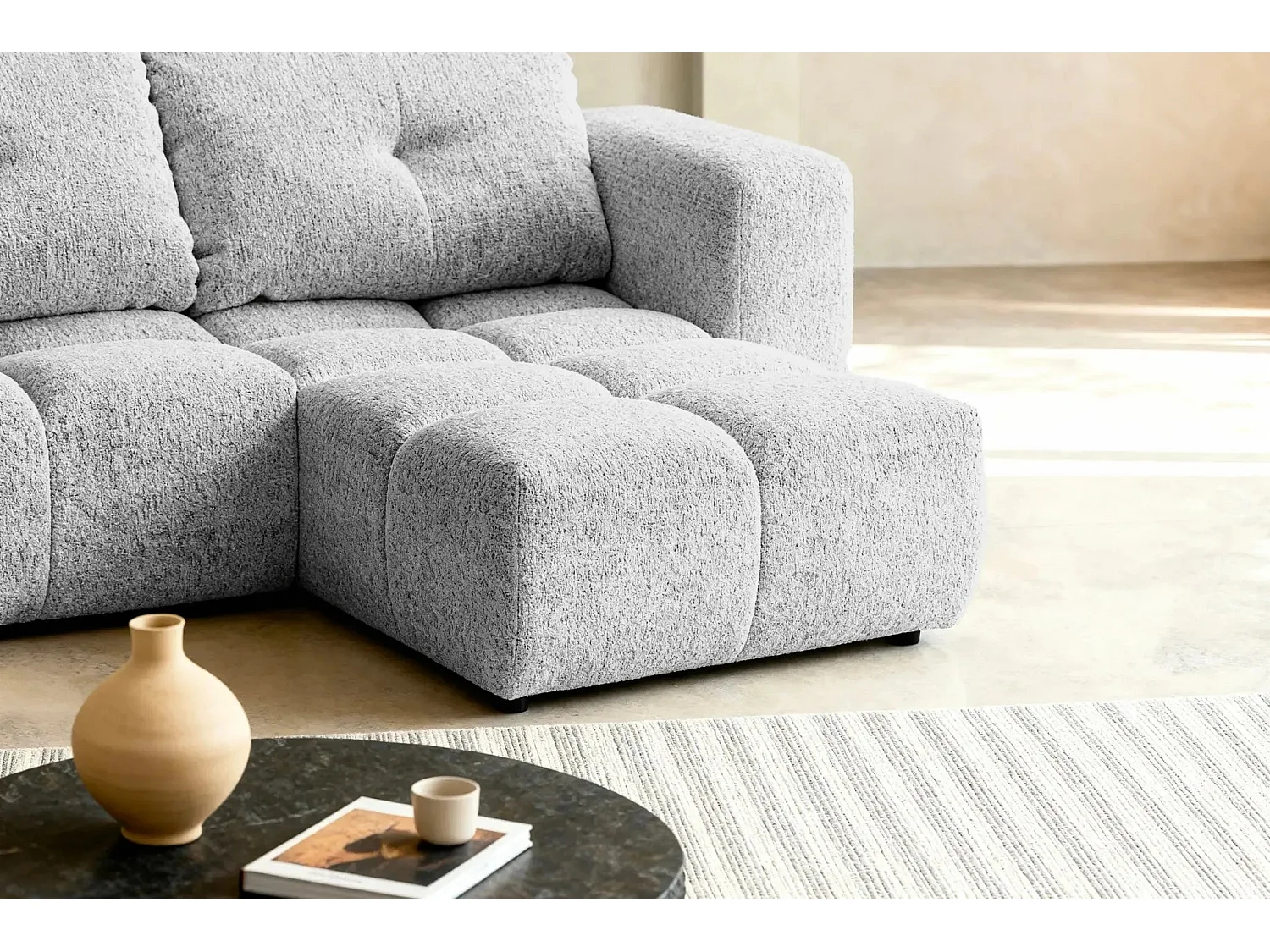 ROMY MINI - Canapé d'angle convertible tissu chenille 2 places Gris clair