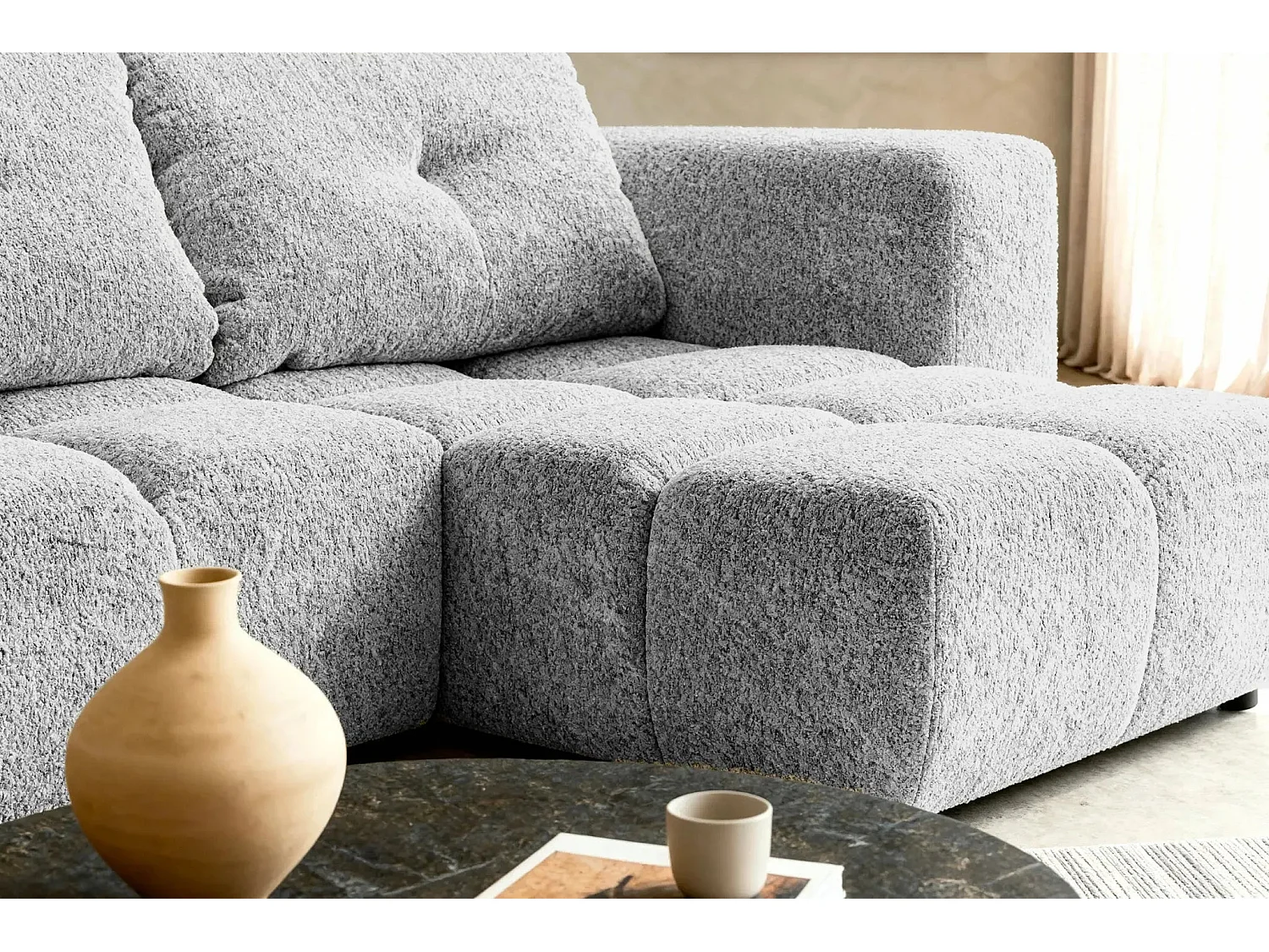 ROMY MINI - Canapé d'angle convertible tissu chenille 2 places Gris clair