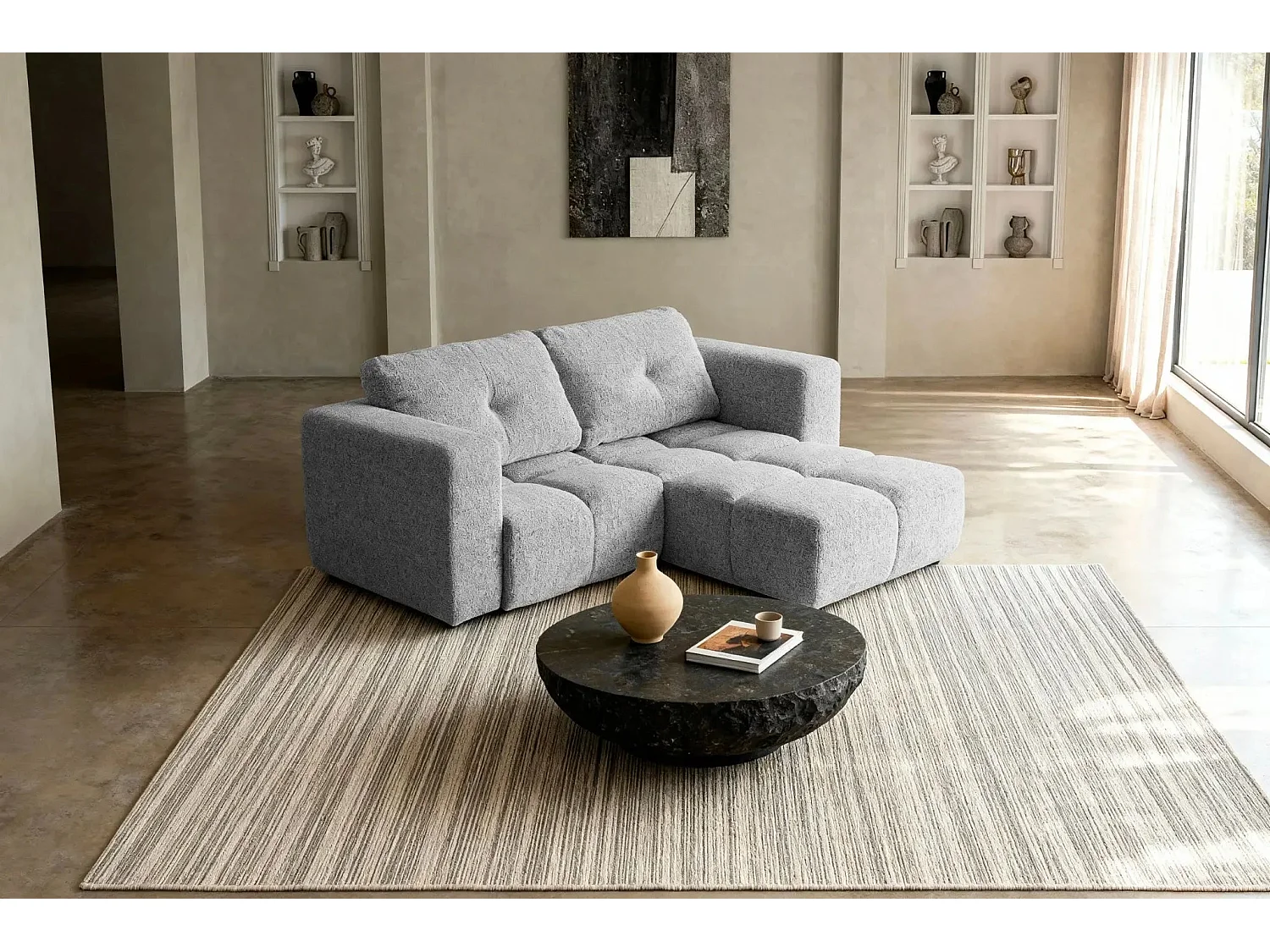 ROMY MINI - Canapé d'angle convertible tissu chenille 2 places Gris clair