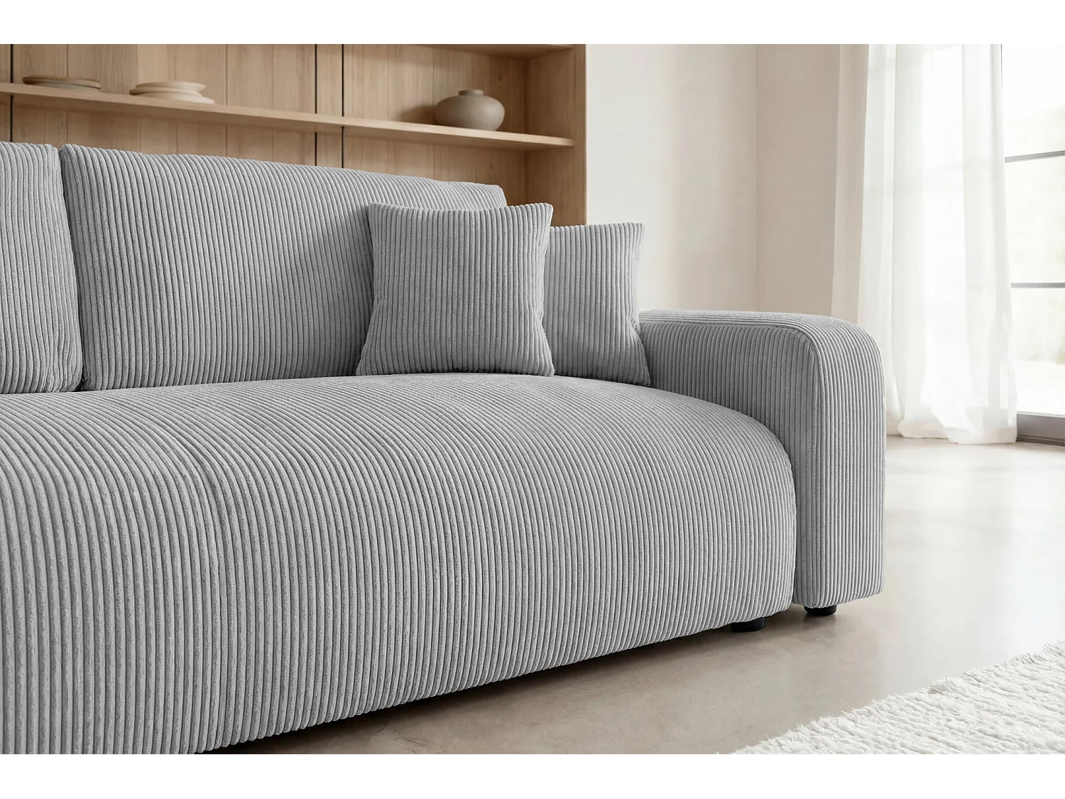 ENA - Canapé droit convertible velours côtelé 3 places Gris clair