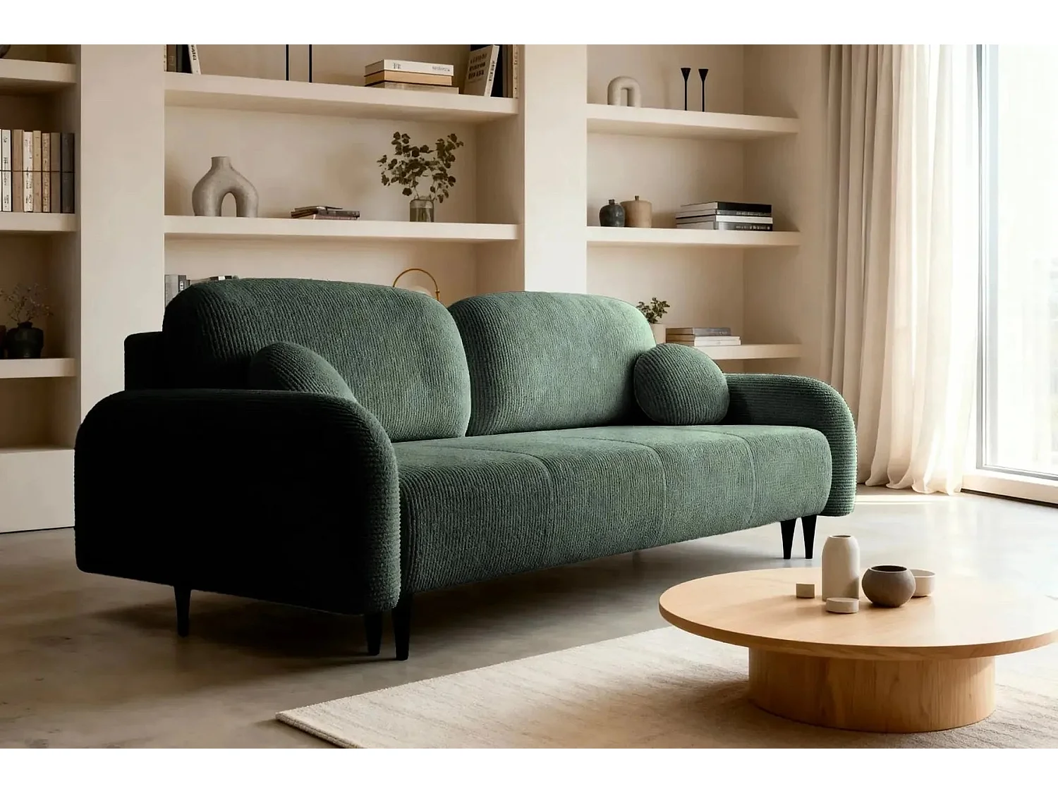 ROXANE - Canapé droit convertible tissu bouclette 2 places Vert