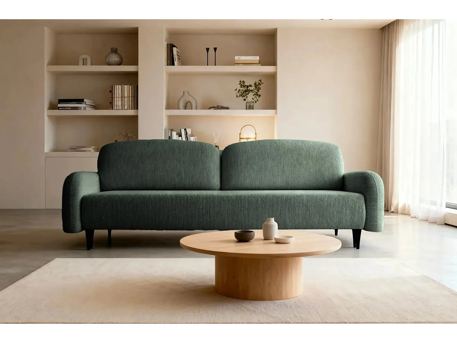 ROXANE - Canapé droit convertible tissu bouclette 2 places Vert