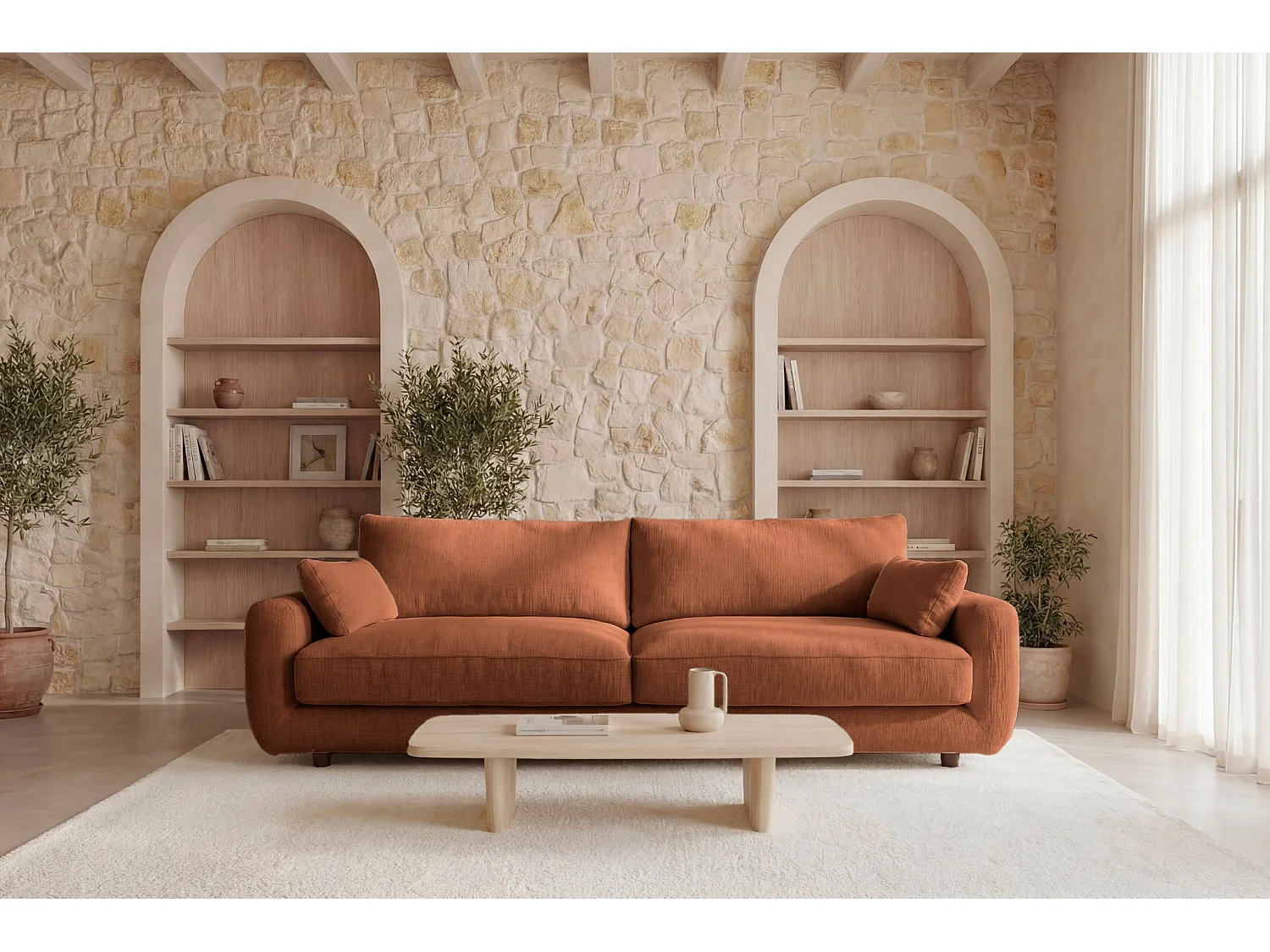 STELLA - Canapé droit convertible tissu chenille 3 places Terracotta
