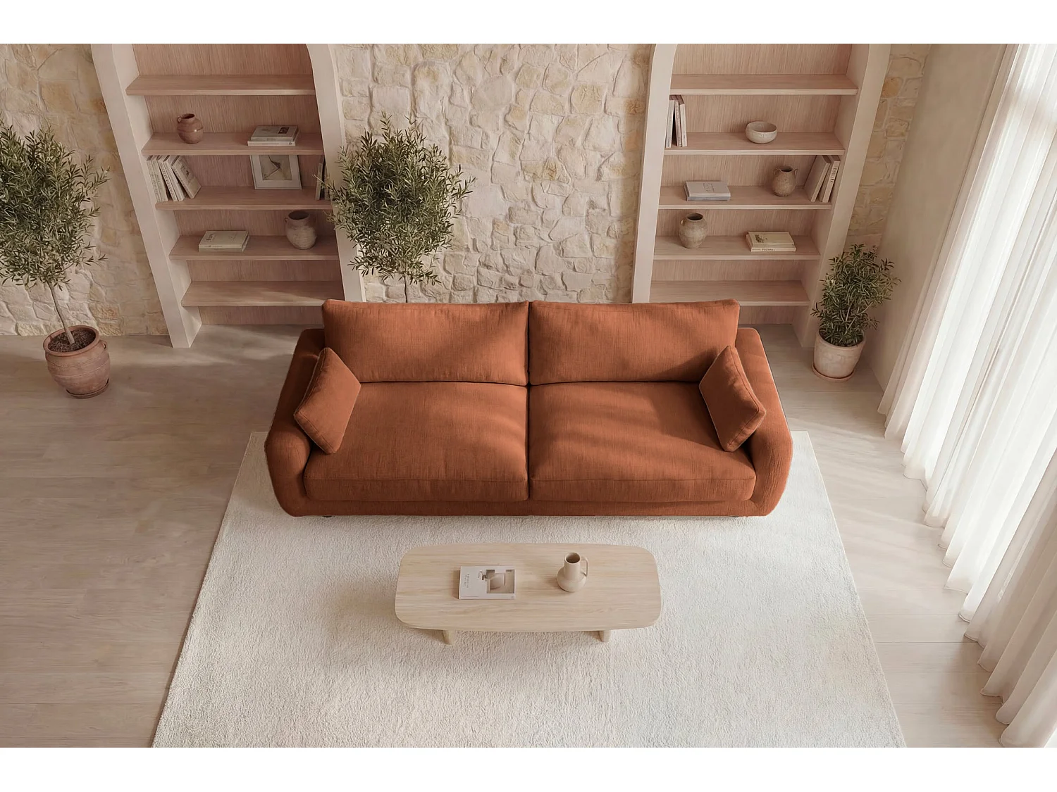 STELLA - Canapé droit convertible tissu chenille 3 places Terracotta