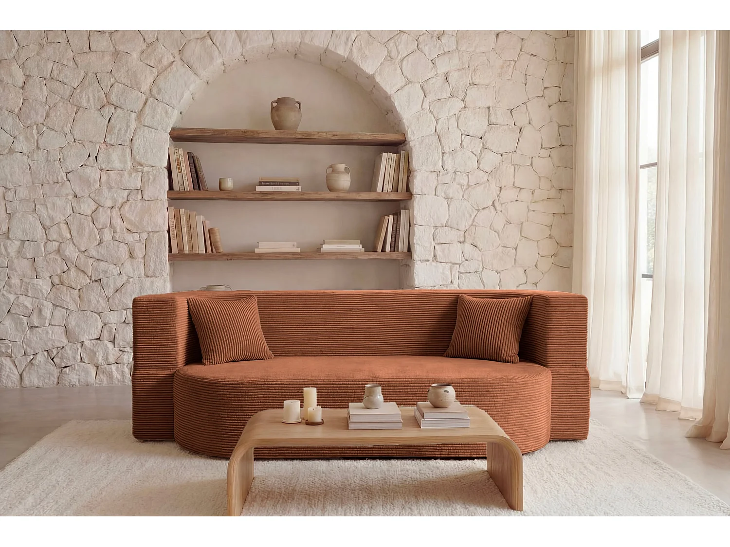VENEDA - Canapé droit convertible velours côtelé 3 places Terracotta