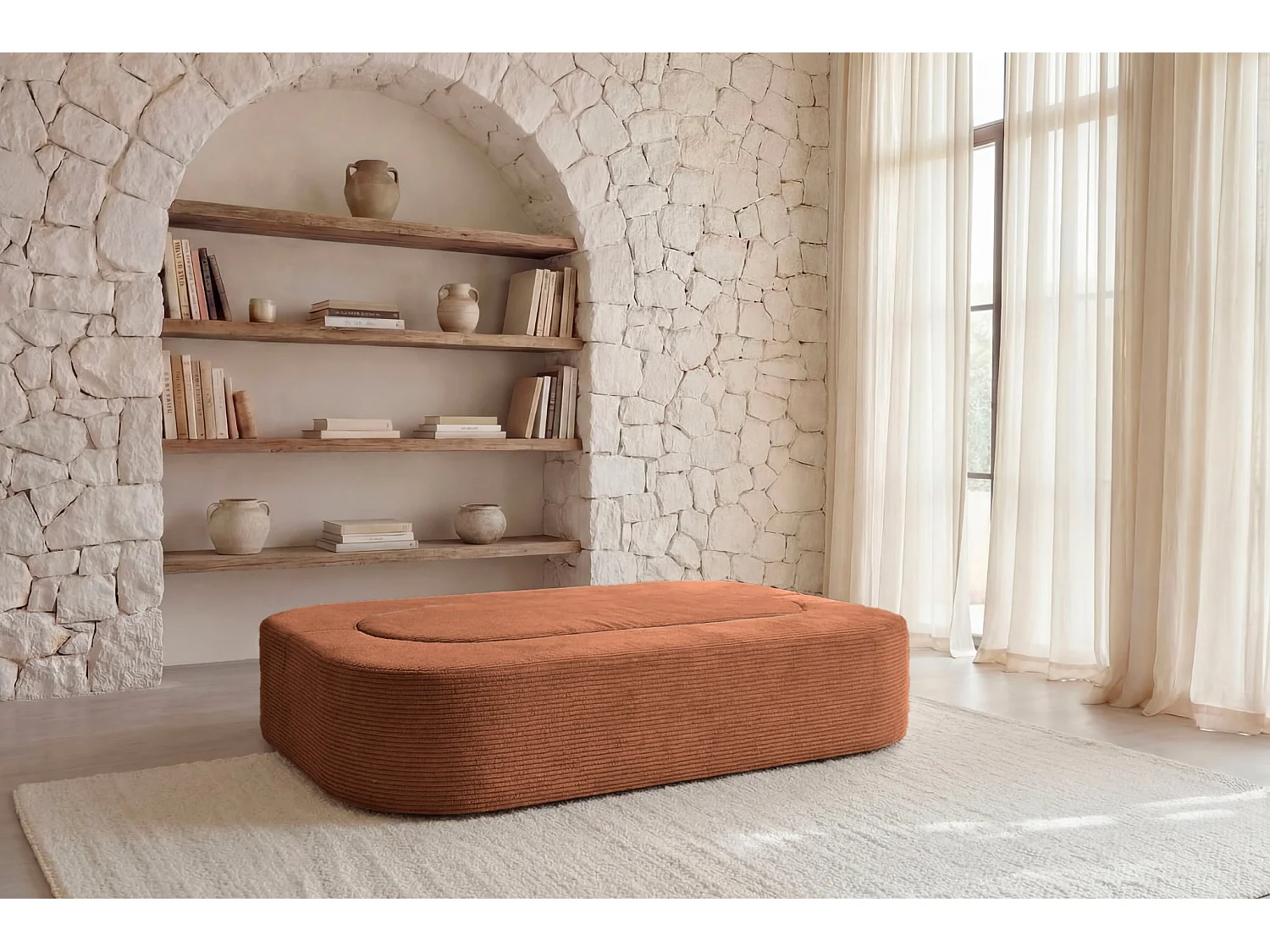 VENEDA - Canapé droit convertible velours côtelé 3 places Terracotta