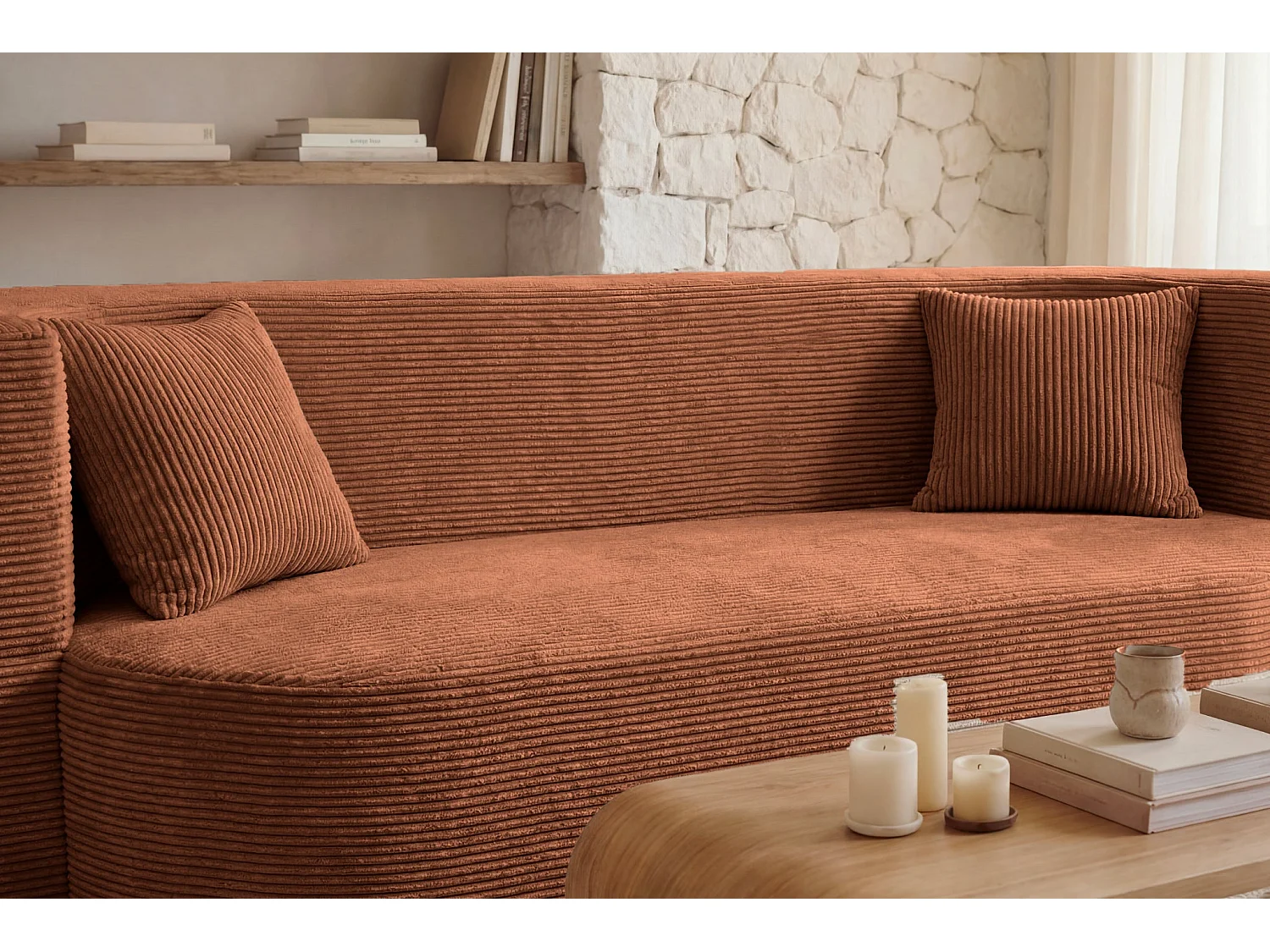 VENEDA - Canapé droit convertible velours côtelé 3 places Terracotta