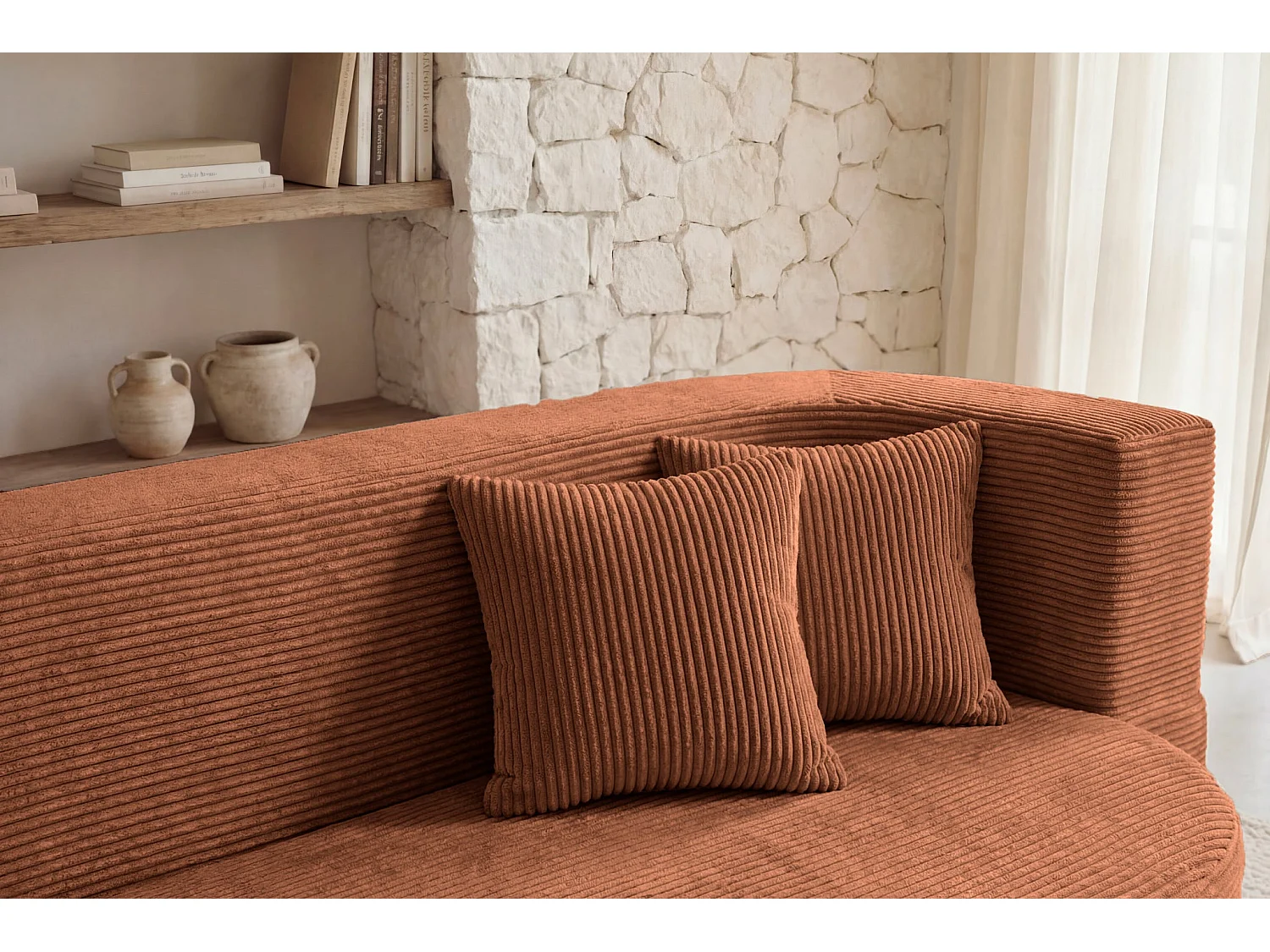 VENEDA - Canapé droit convertible velours côtelé 3 places Terracotta