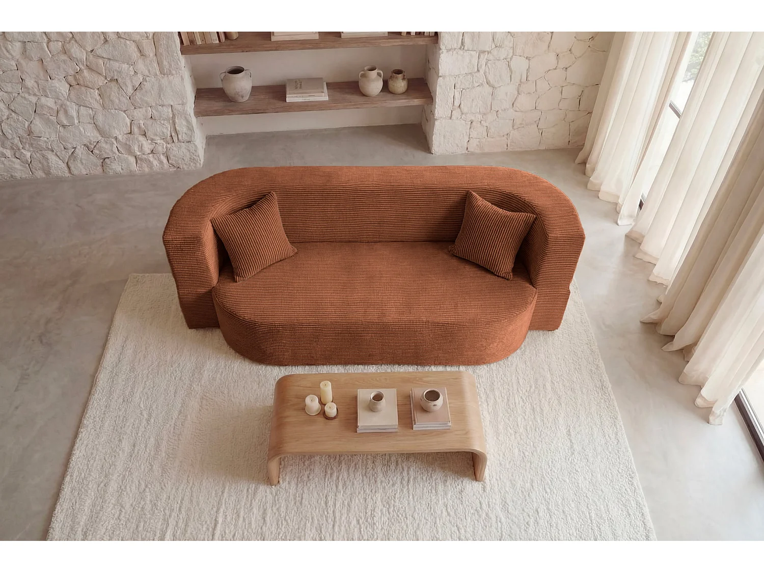 VENEDA - Canapé droit convertible velours côtelé 3 places Terracotta