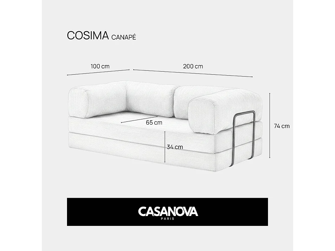COSIMA - Canapé droit convertible gros velours côtelé 3 places Rose