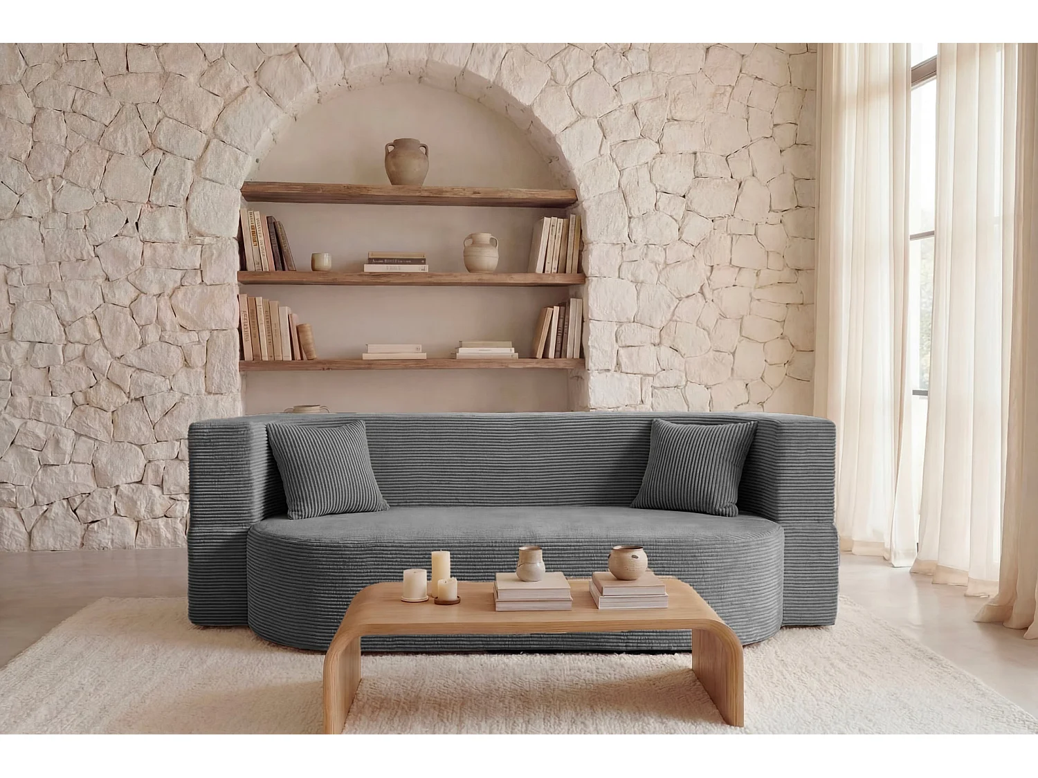 VENEDA - Canapé droit convertible velours côtelé 3 places Gris foncé