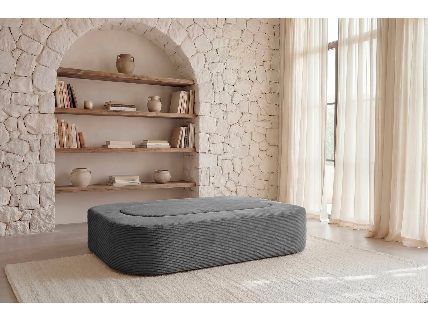 VENEDA - Canapé droit convertible velours côtelé 3 places Gris foncé