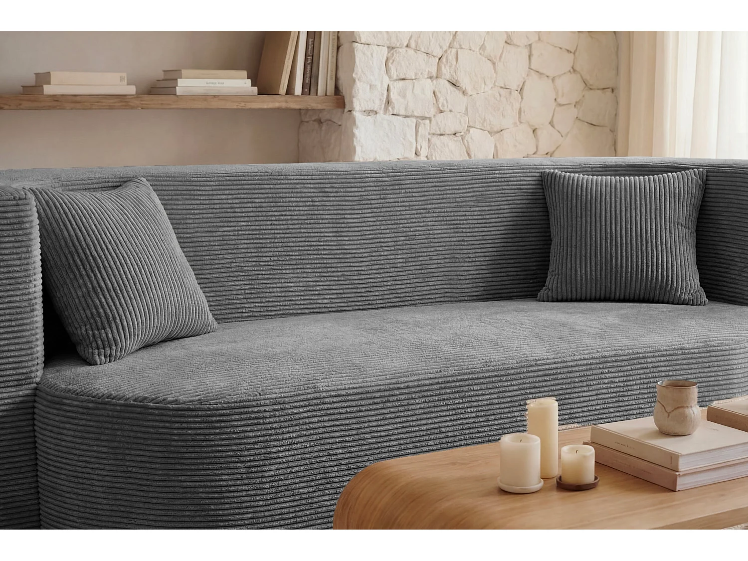 VENEDA - Canapé droit convertible velours côtelé 3 places Gris foncé