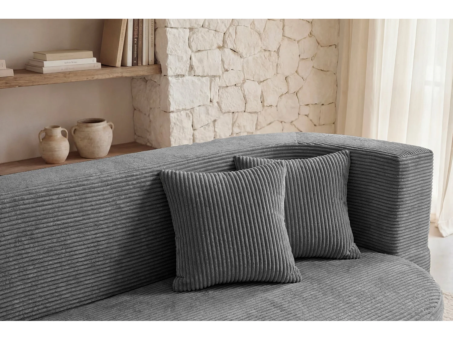 VENEDA - Canapé droit convertible velours côtelé 3 places Gris foncé