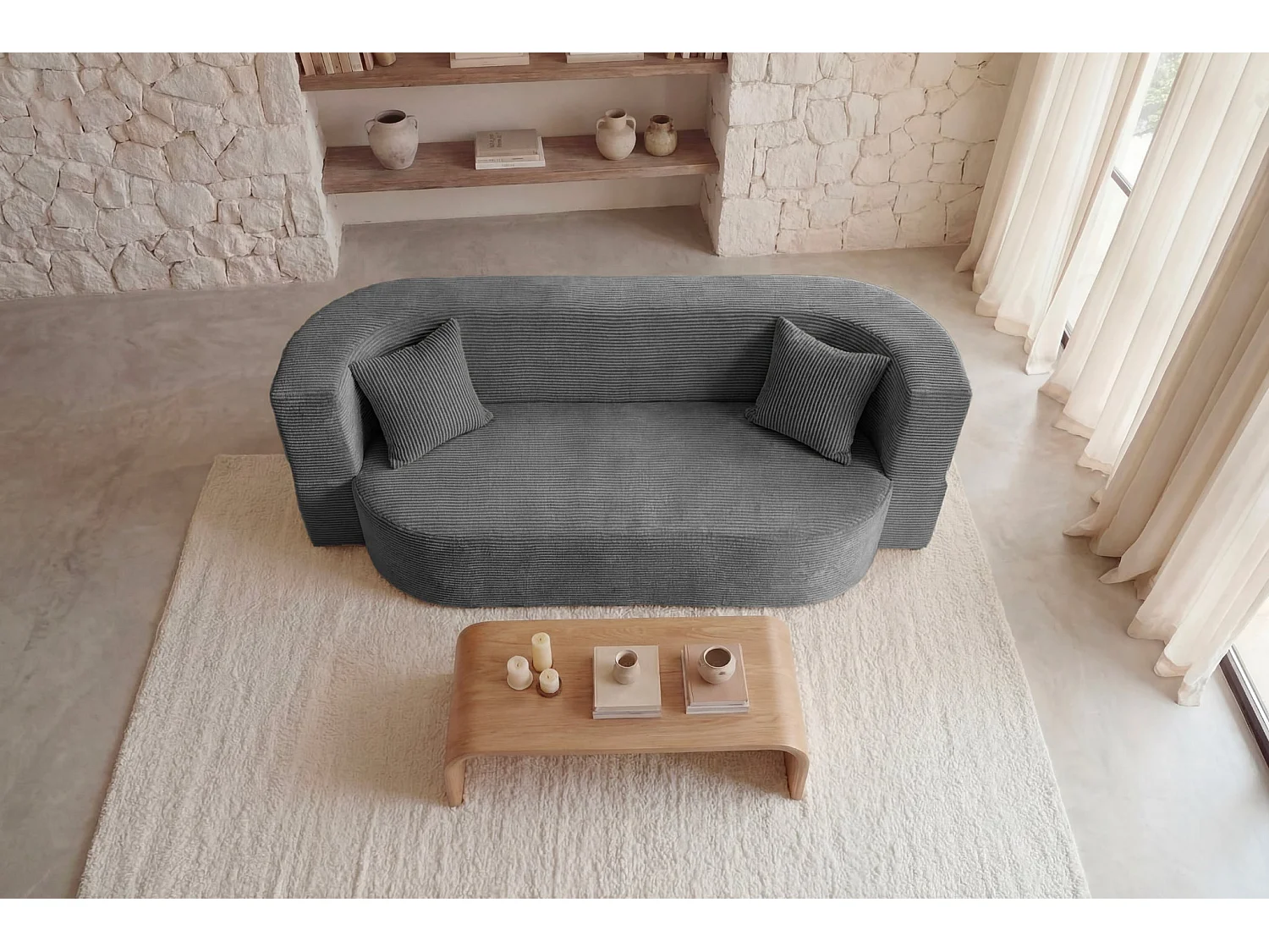 VENEDA - Canapé droit convertible velours côtelé 3 places Gris foncé