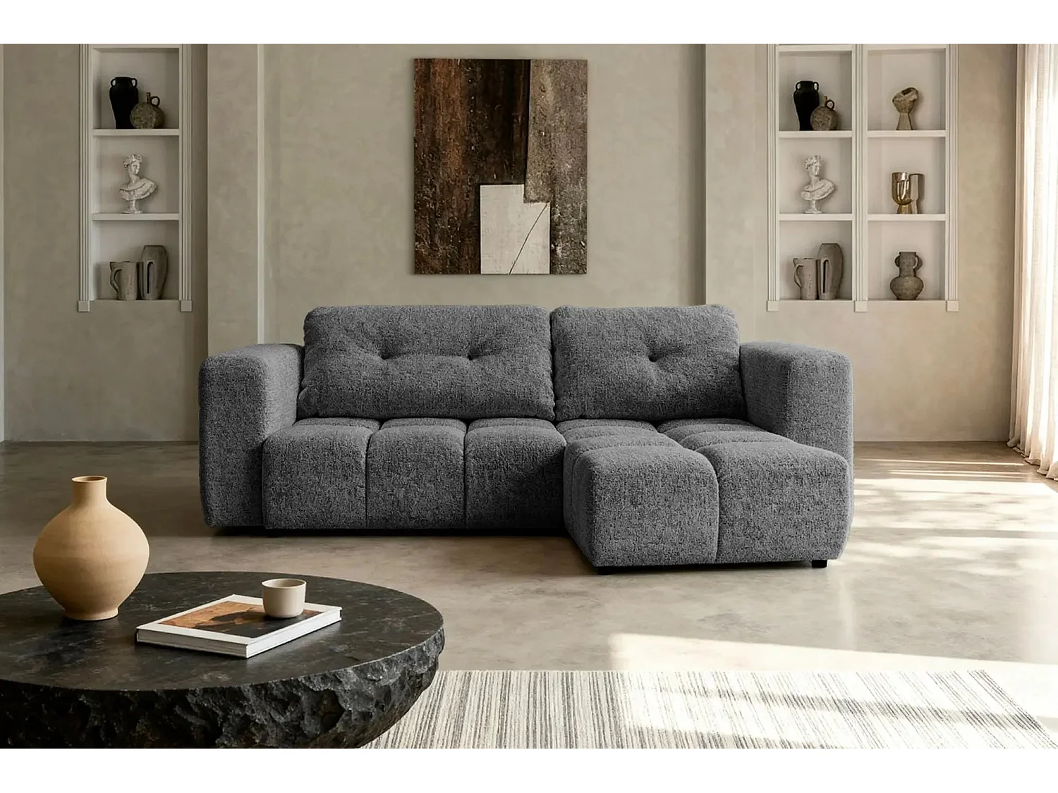 ROMY - Canapé d'angle convertible tissu chenille 3 places Gris foncé