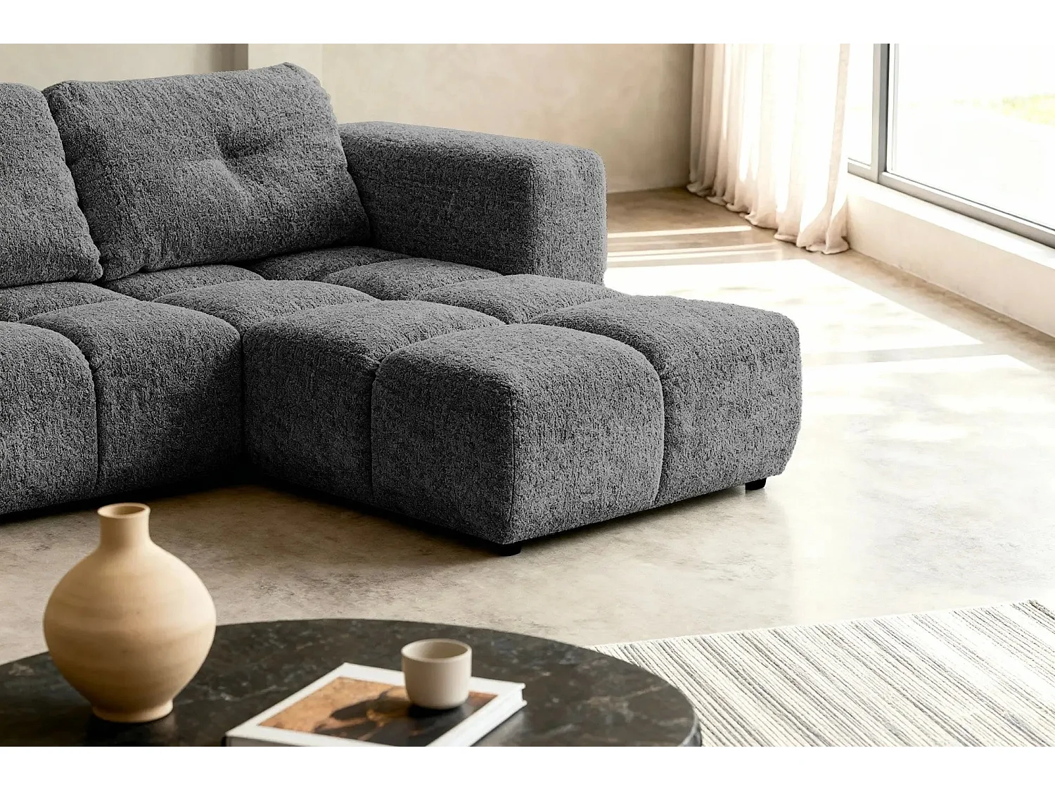 ROMY - Canapé d'angle convertible tissu chenille 3 places Gris foncé