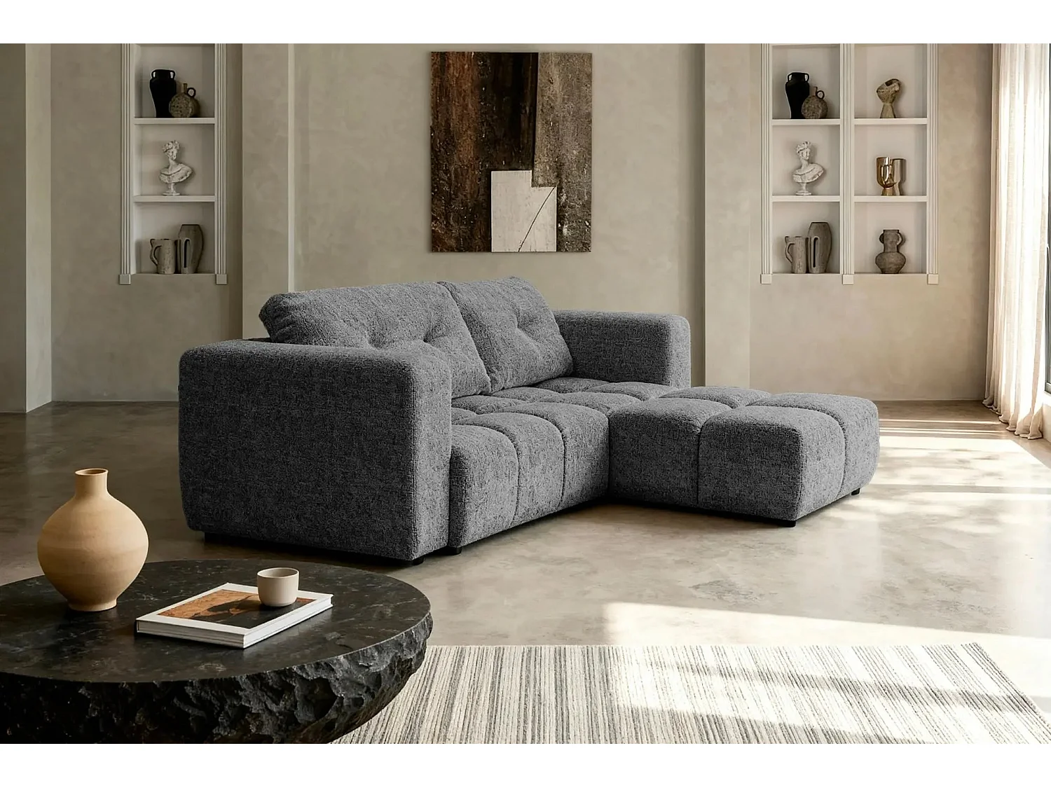 ROMY - Canapé d'angle convertible tissu chenille 3 places Gris foncé