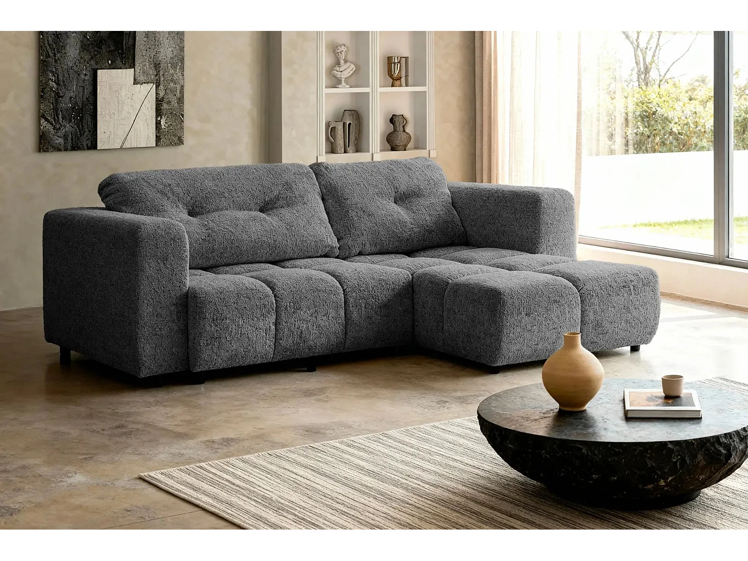 ROMY - Canapé d'angle convertible tissu chenille 3 places Gris foncé
