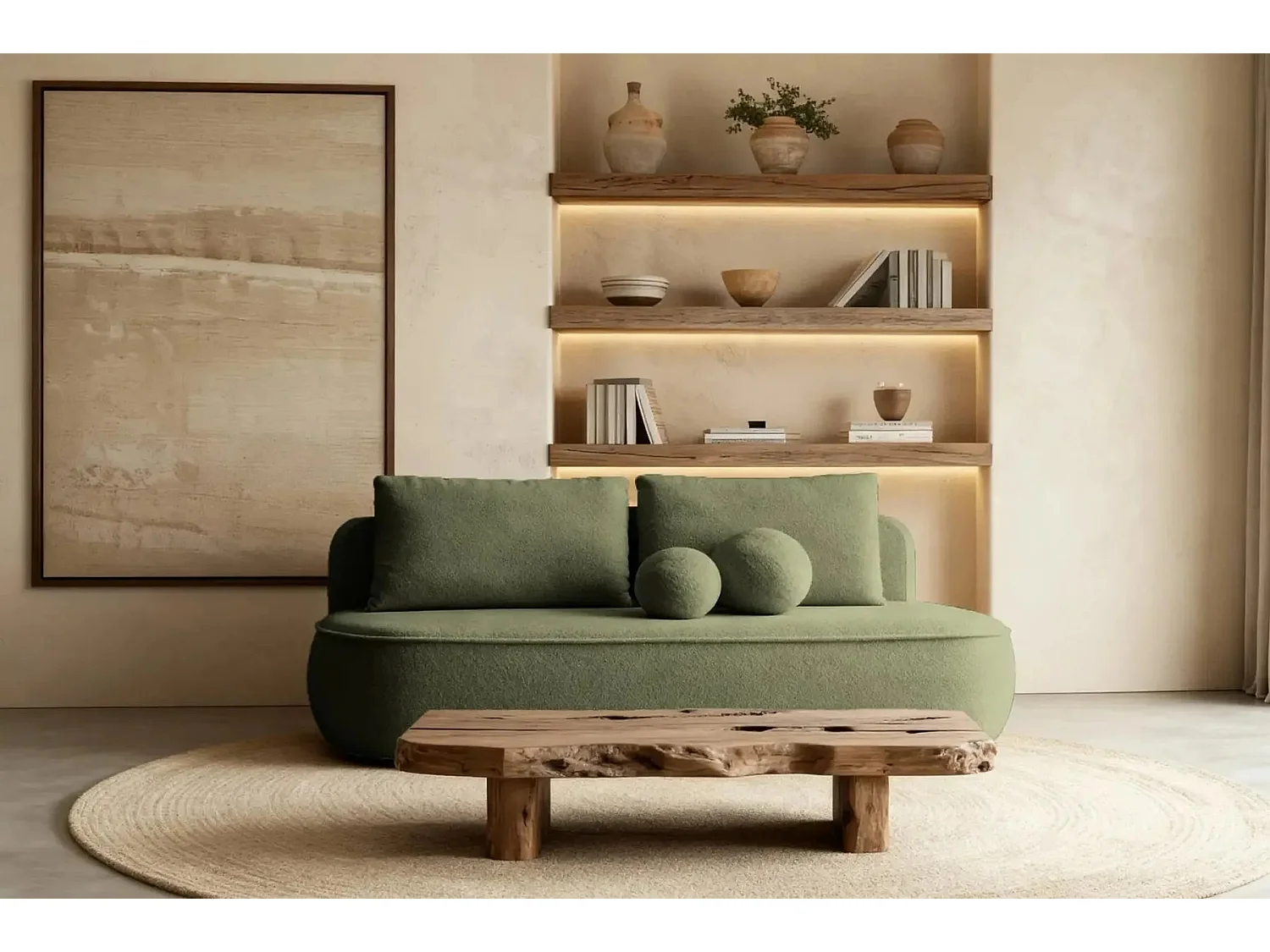 VICTOIRE - Canapé droit convertible tissu bouclette 2 places Vert olive