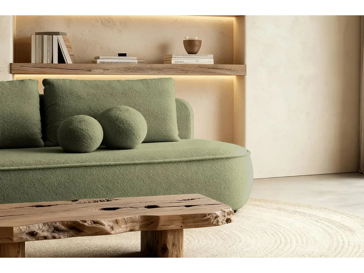 VICTOIRE - Canapé droit convertible tissu bouclette 2 places Vert olive