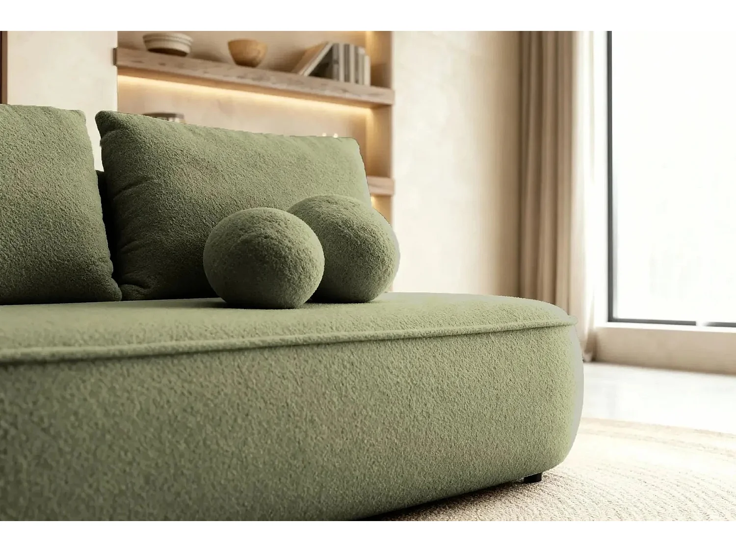 VICTOIRE - Canapé droit convertible tissu bouclette 2 places Vert olive