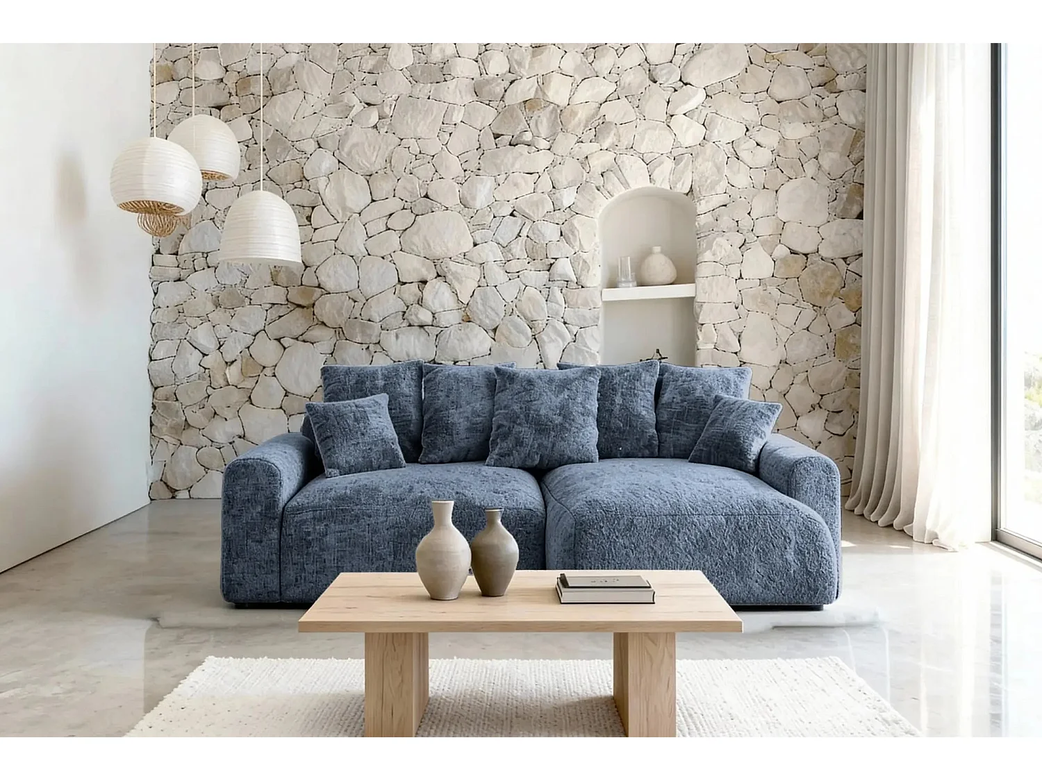 OLI - Canapé d'angle convertible tissu chenille 4 places Bleu
