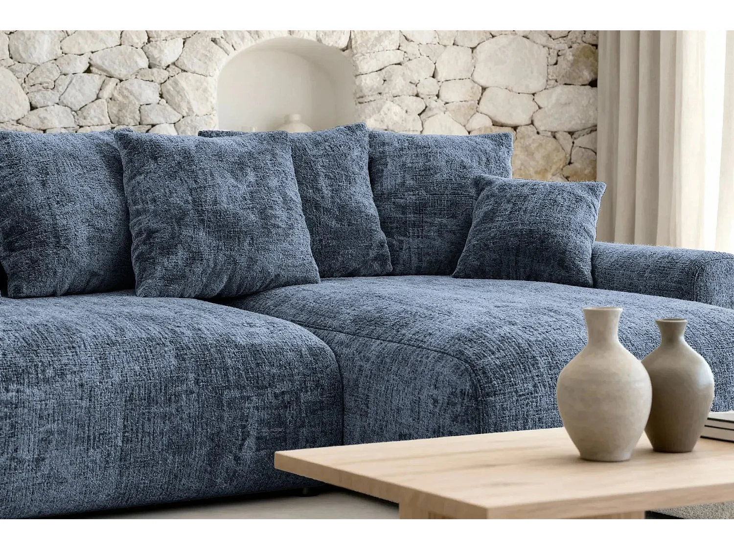 OLI - Canapé d'angle convertible tissu chenille 4 places Bleu