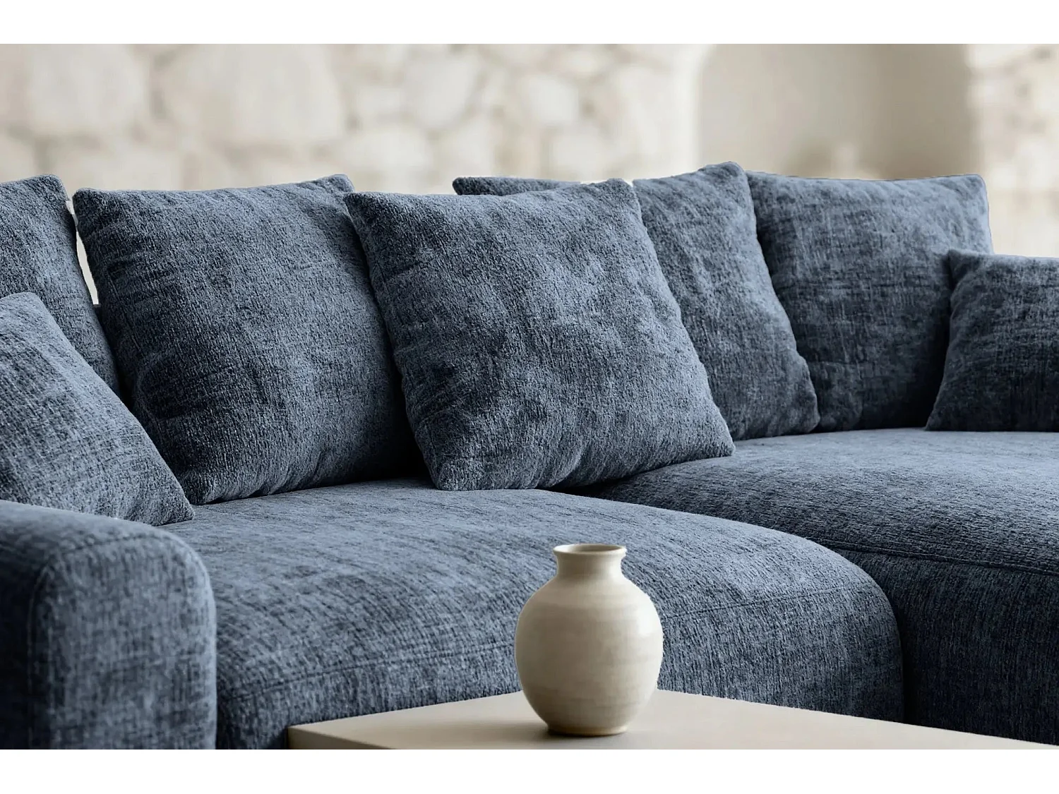 OLI - Canapé d'angle convertible tissu chenille 4 places Bleu