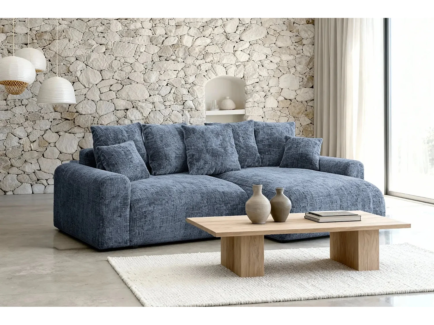 OLI - Canapé d'angle convertible tissu chenille 4 places Bleu