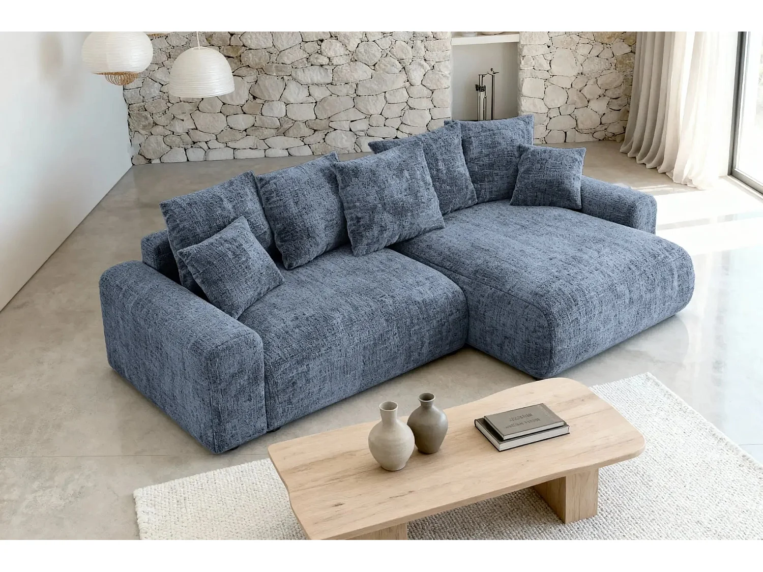 OLI - Canapé d'angle convertible tissu chenille 4 places Bleu