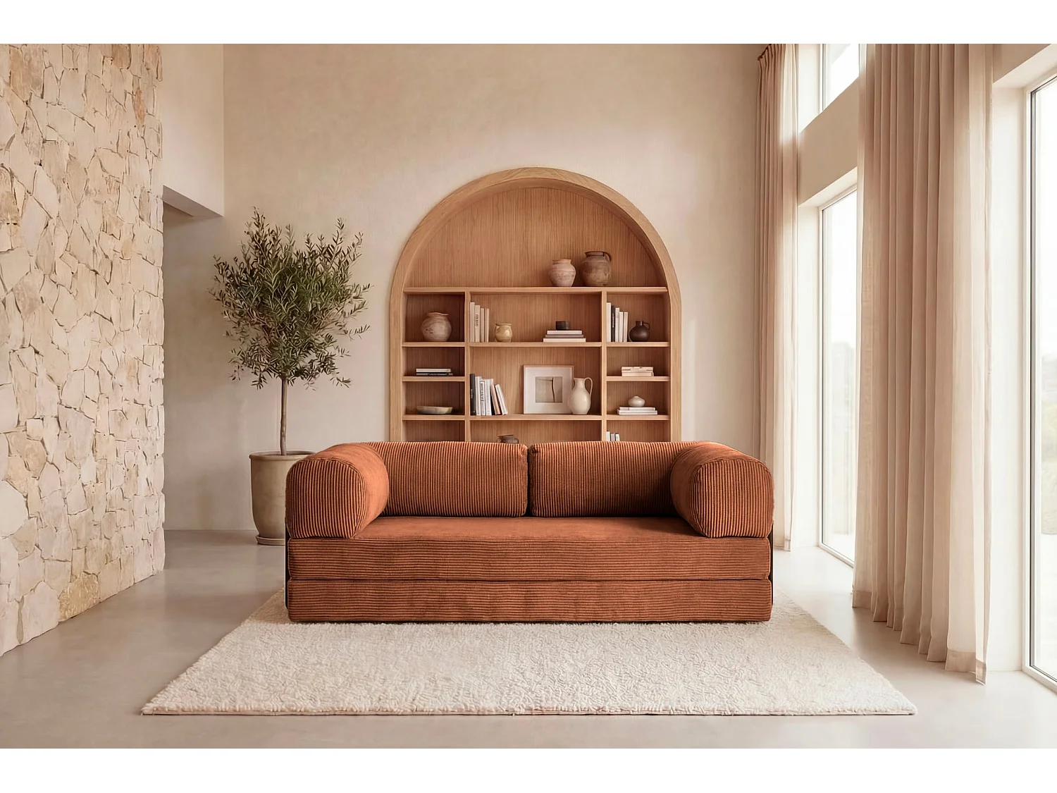 COSIMA - 3-zits corduroy rechte slaapbank - Terracotta